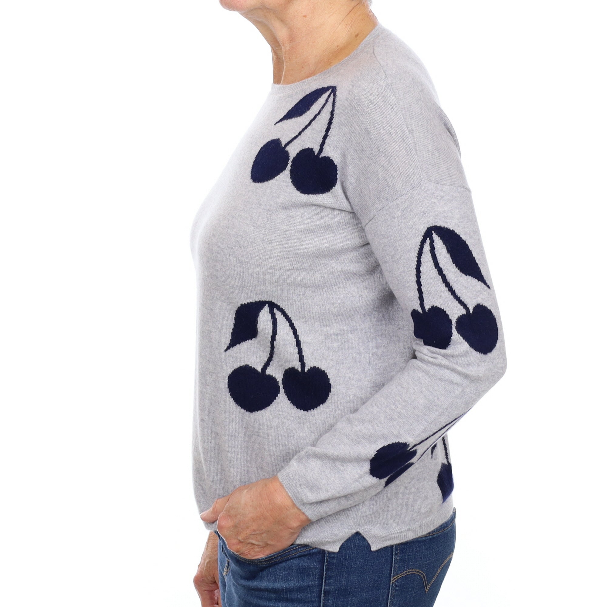 Cocoa Cashmere Grey Navy Cherry Cashmere Crew Neck Jumper Medium