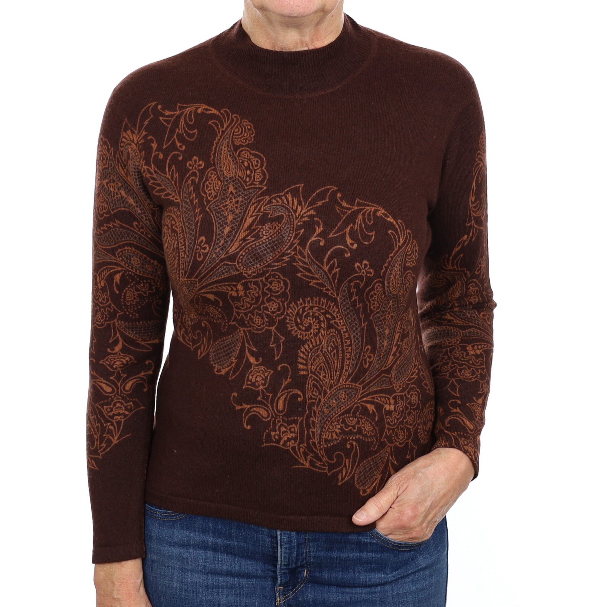 Chocolate Brown Paisley Cashmere Turtle Neck Jumper Medium