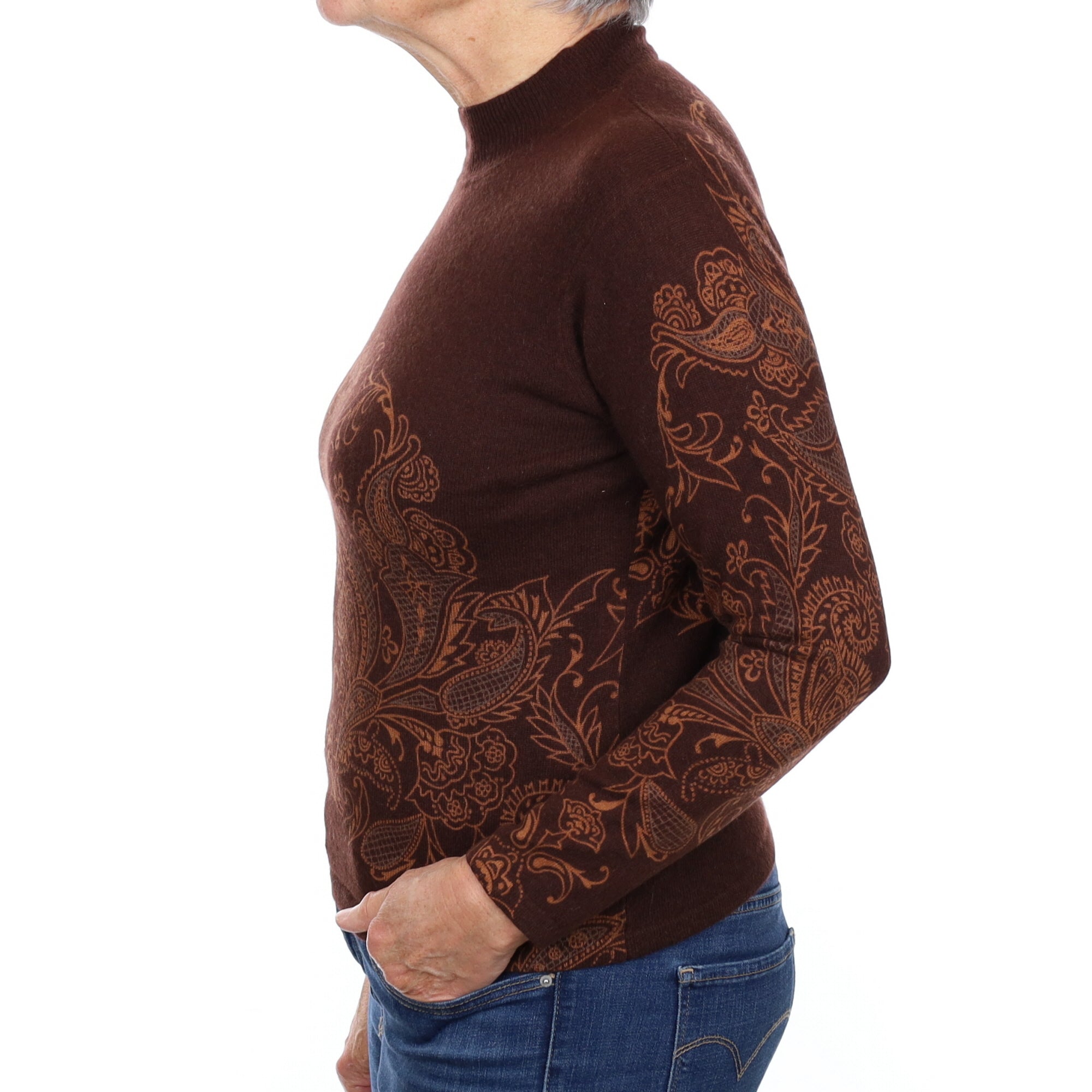Chocolate Brown Paisley Cashmere Turtle Neck Jumper Medium