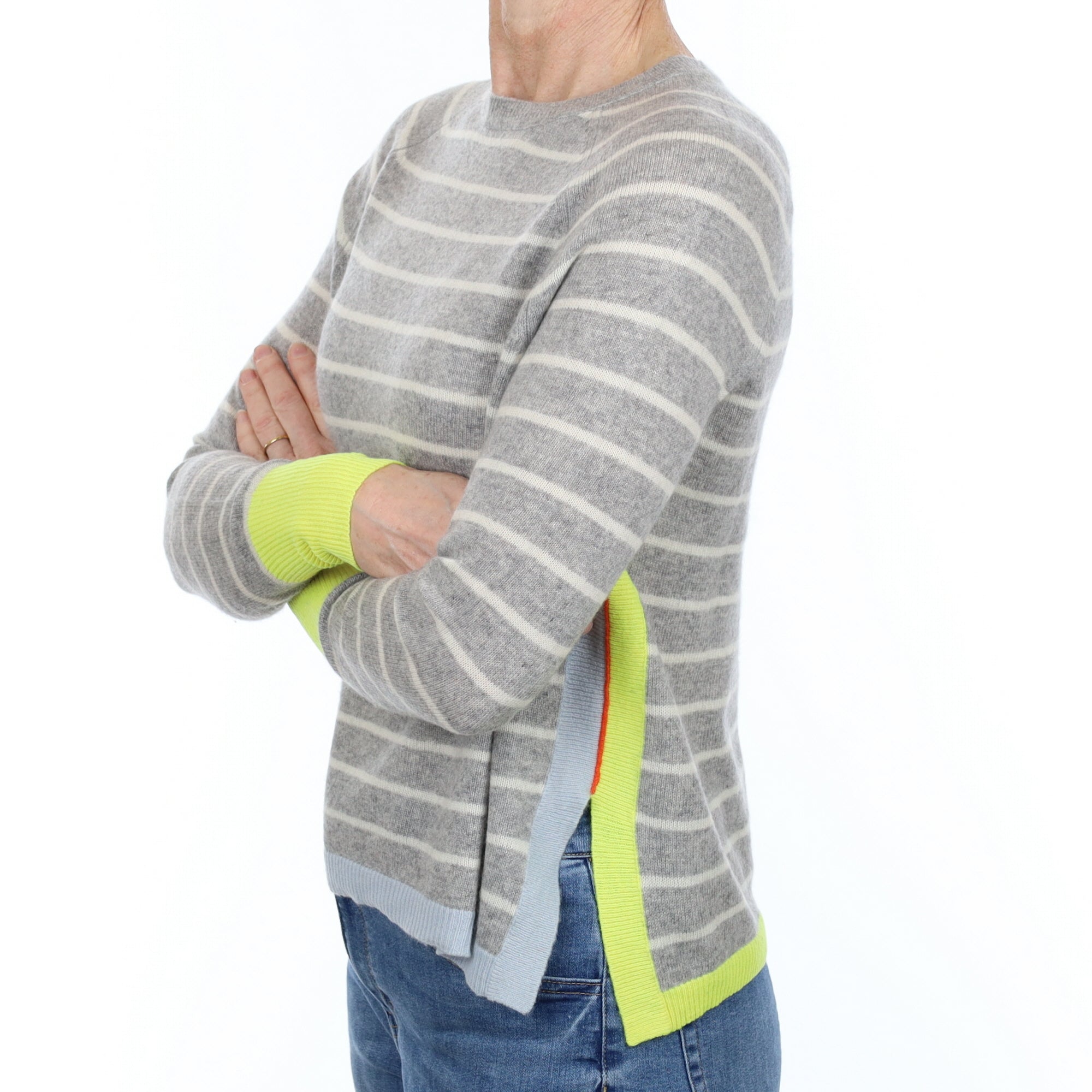 Grey Stripe Neon Trim Cashmere Crew Neck Jumper Small