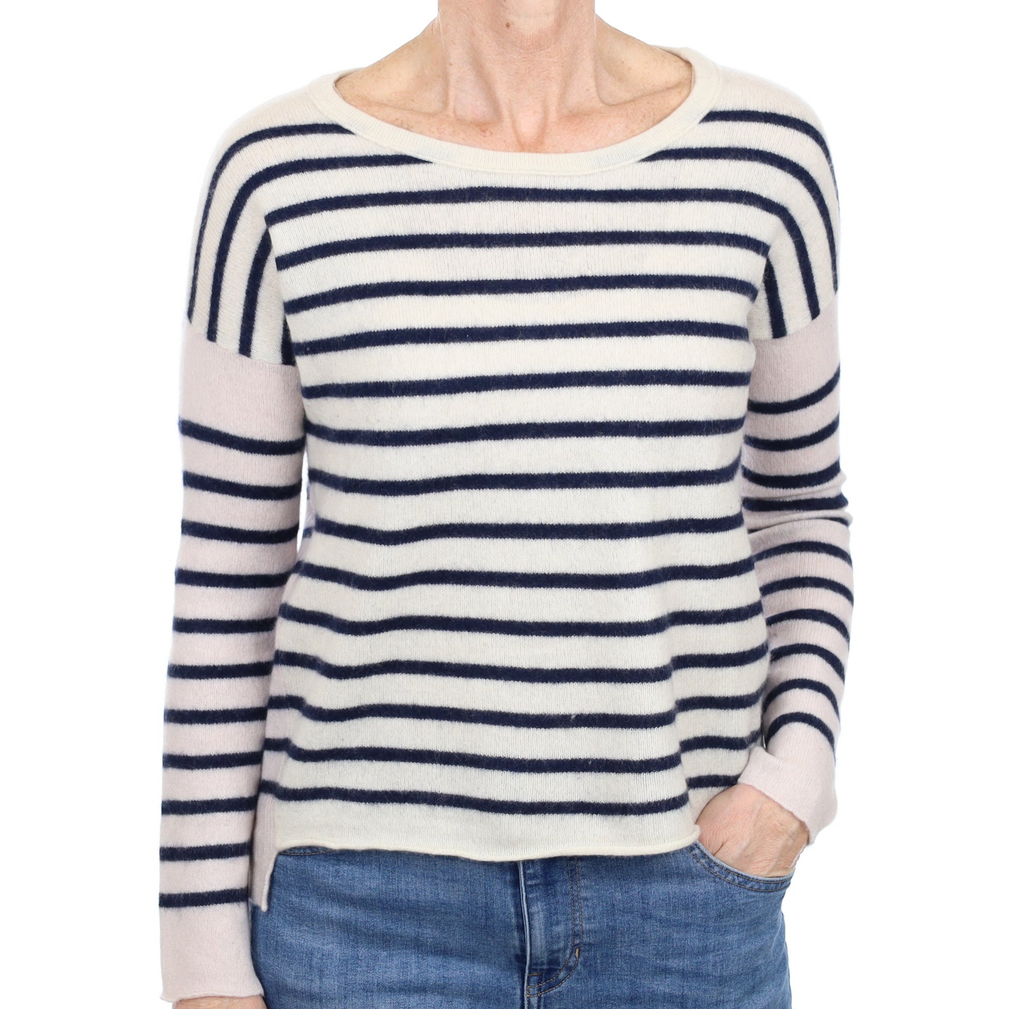 Navy and Cream Stripe Cashmere Crew Neck Jumper Small
