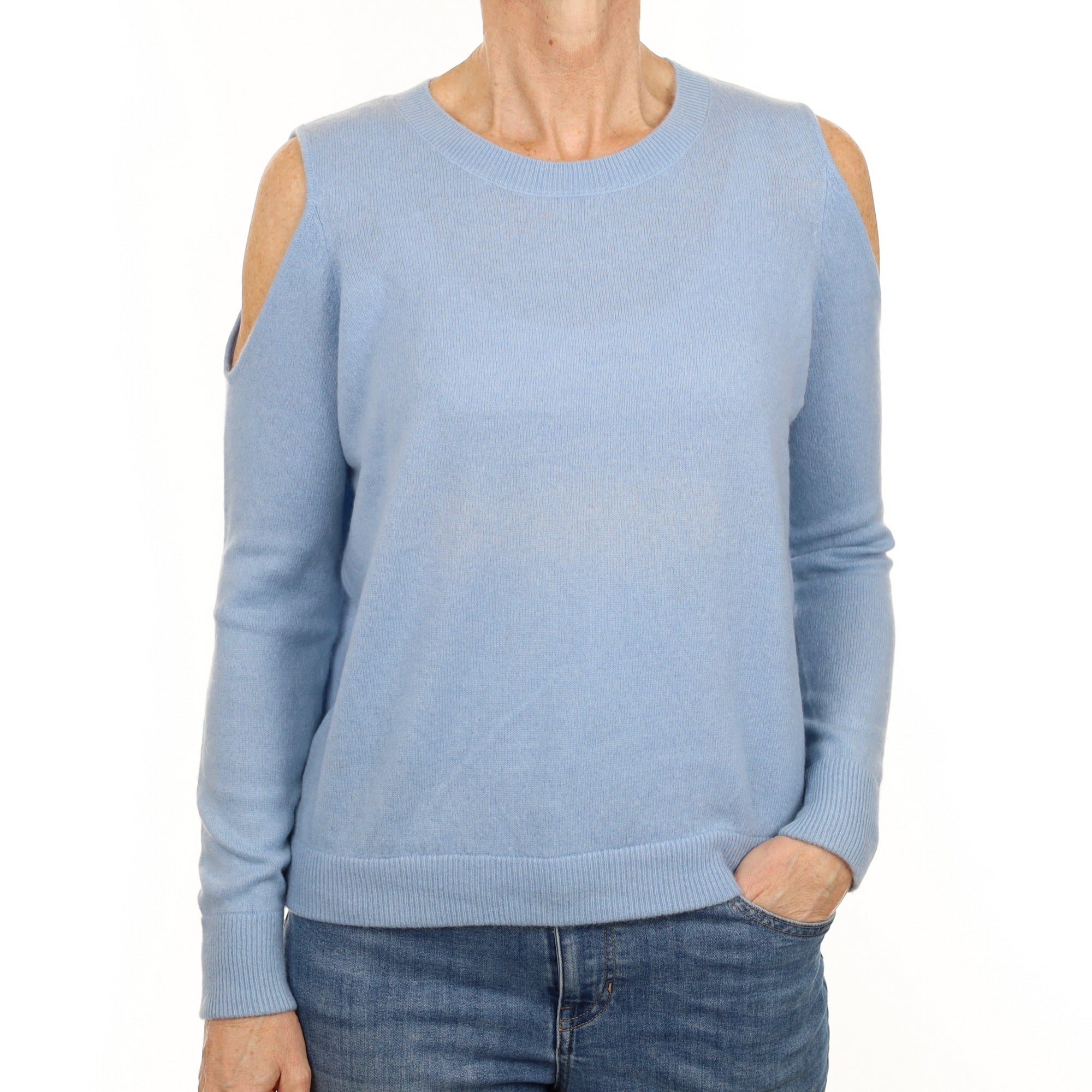 Sky Blue Cashmere Cold Shoulder Crew Neck Jumper Small