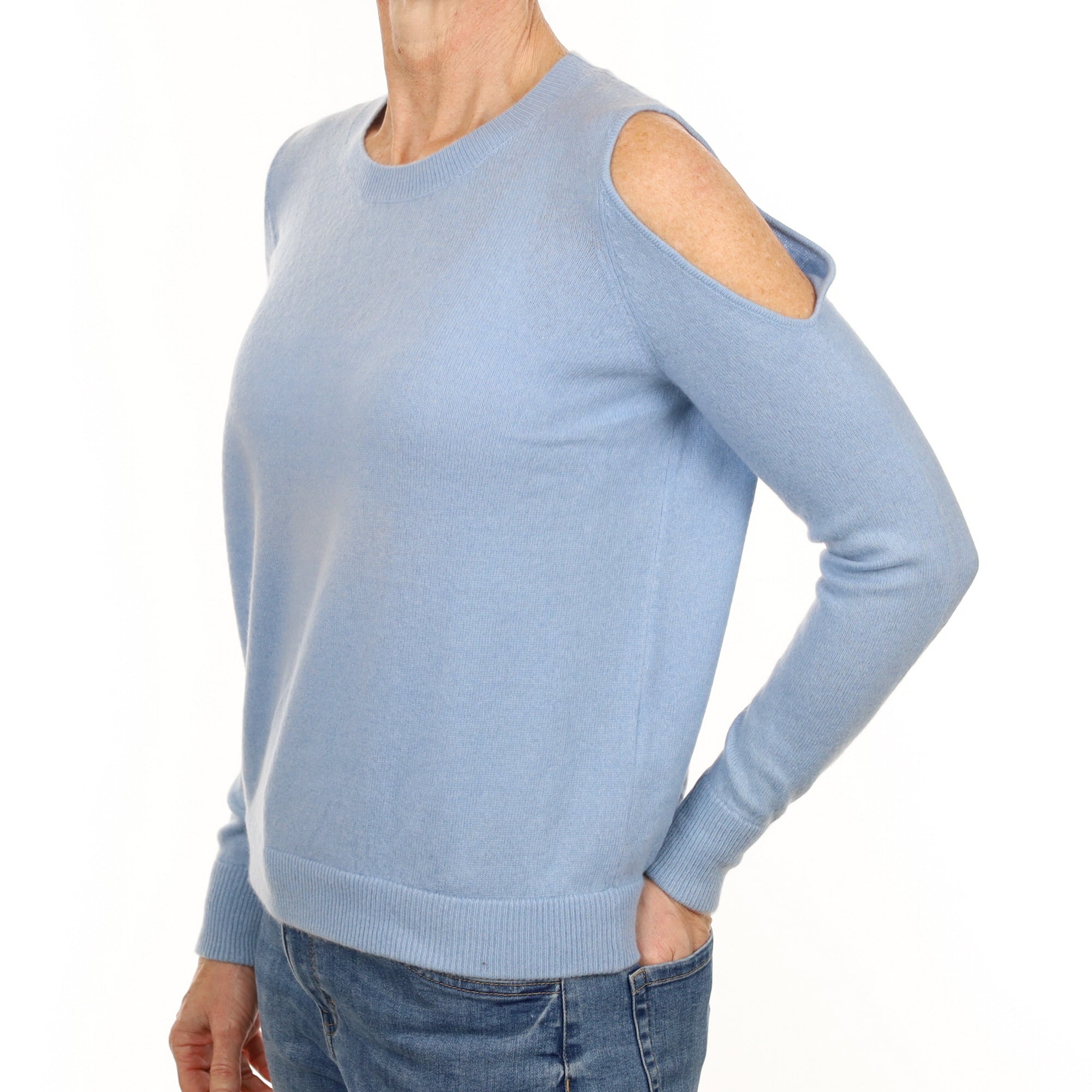 Sky Blue Cashmere Cold Shoulder Crew Neck Jumper Small