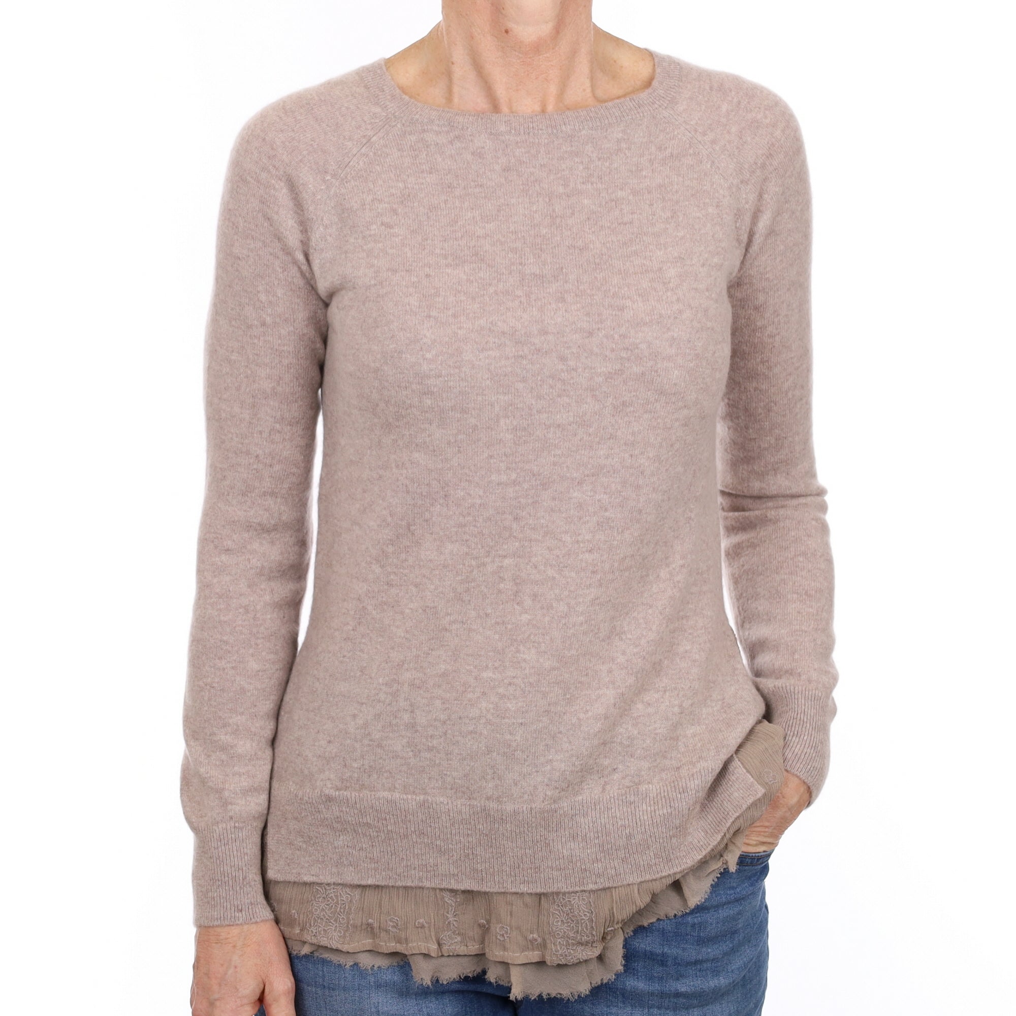 Fawn Cashmere Chiffon Trimmed Crew Neck Jumper Small