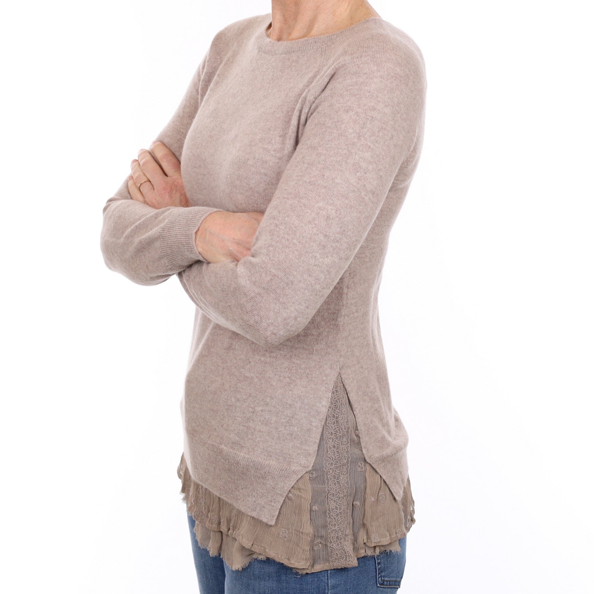 Fawn Cashmere Chiffon Trimmed Crew Neck Jumper Small