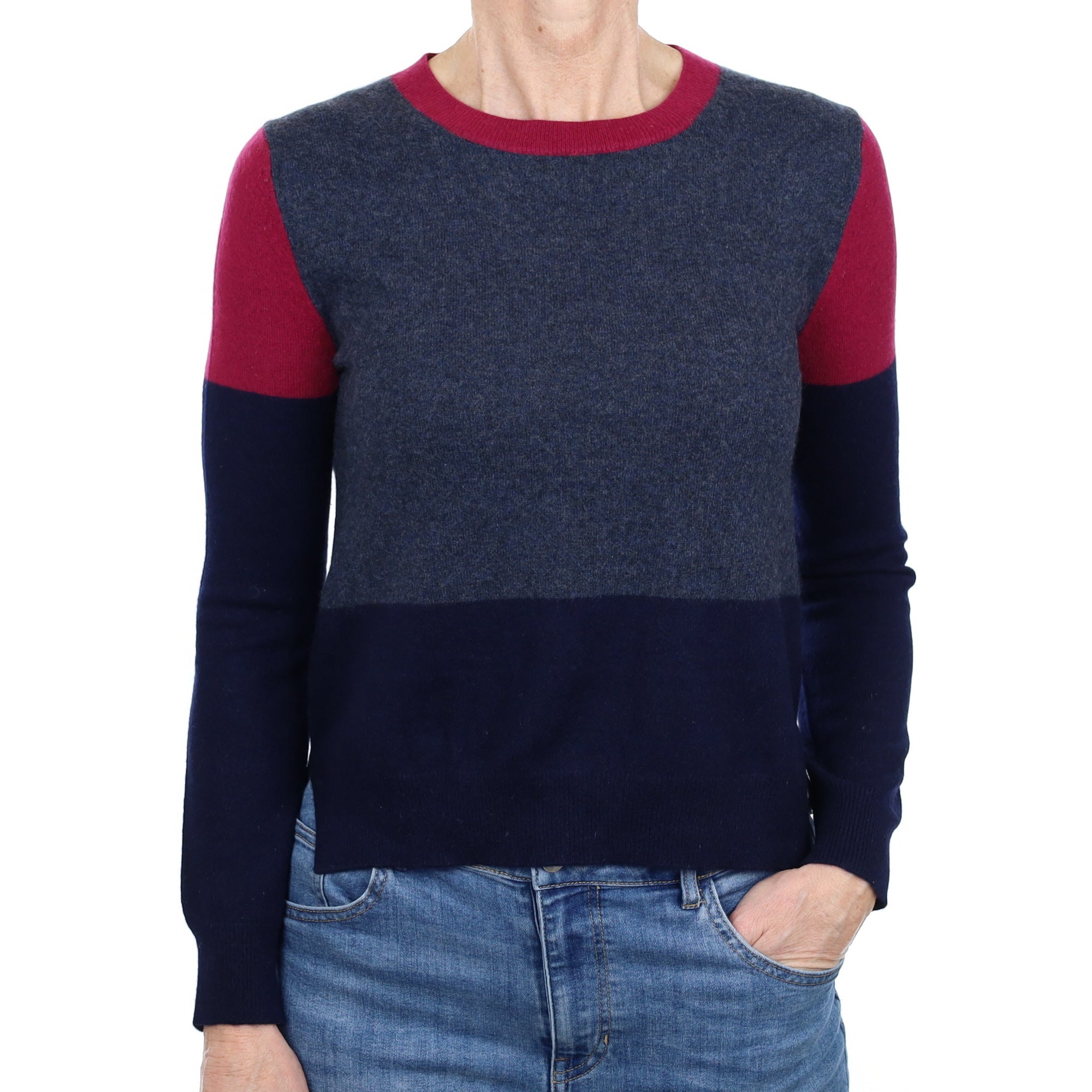 Navy Colour Block Cashmere Crew Neck Jumper Small