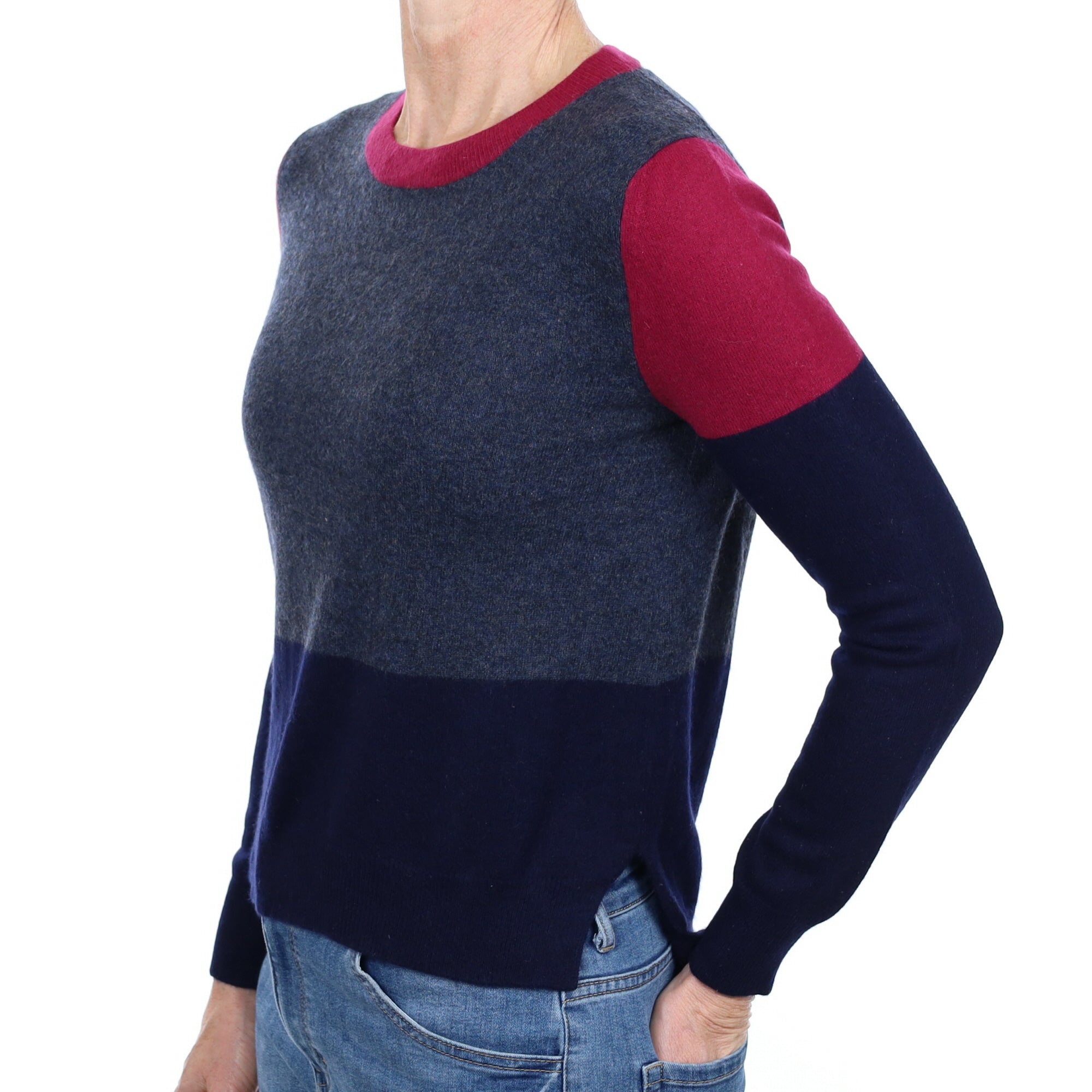Navy Colour Block Cashmere Crew Neck Jumper Small