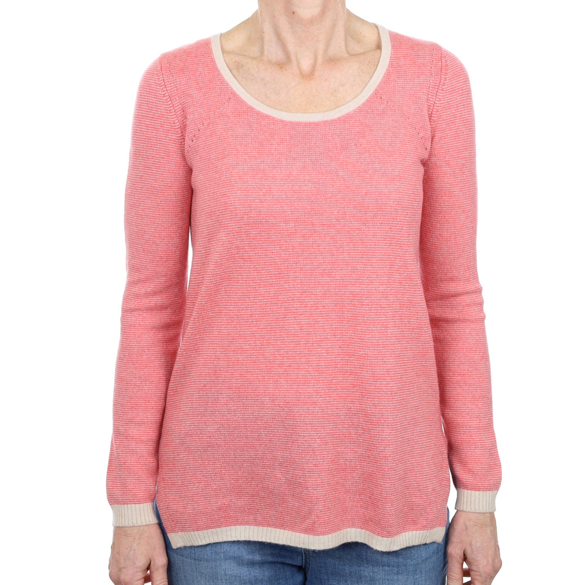 Coral Fine Stripe Cashmere Crew Neck Jumper Small