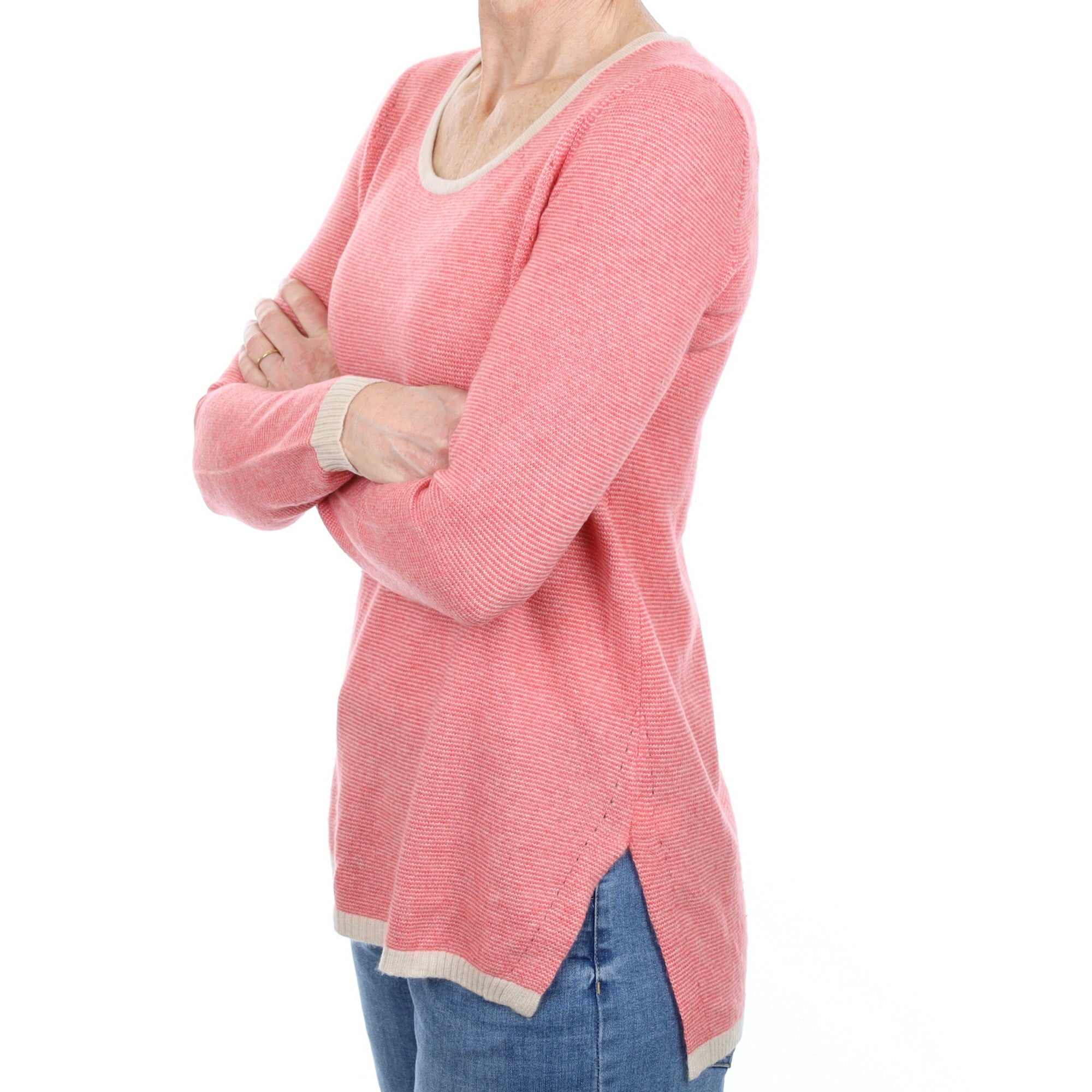 Coral Fine Stripe Cashmere Crew Neck Jumper Small