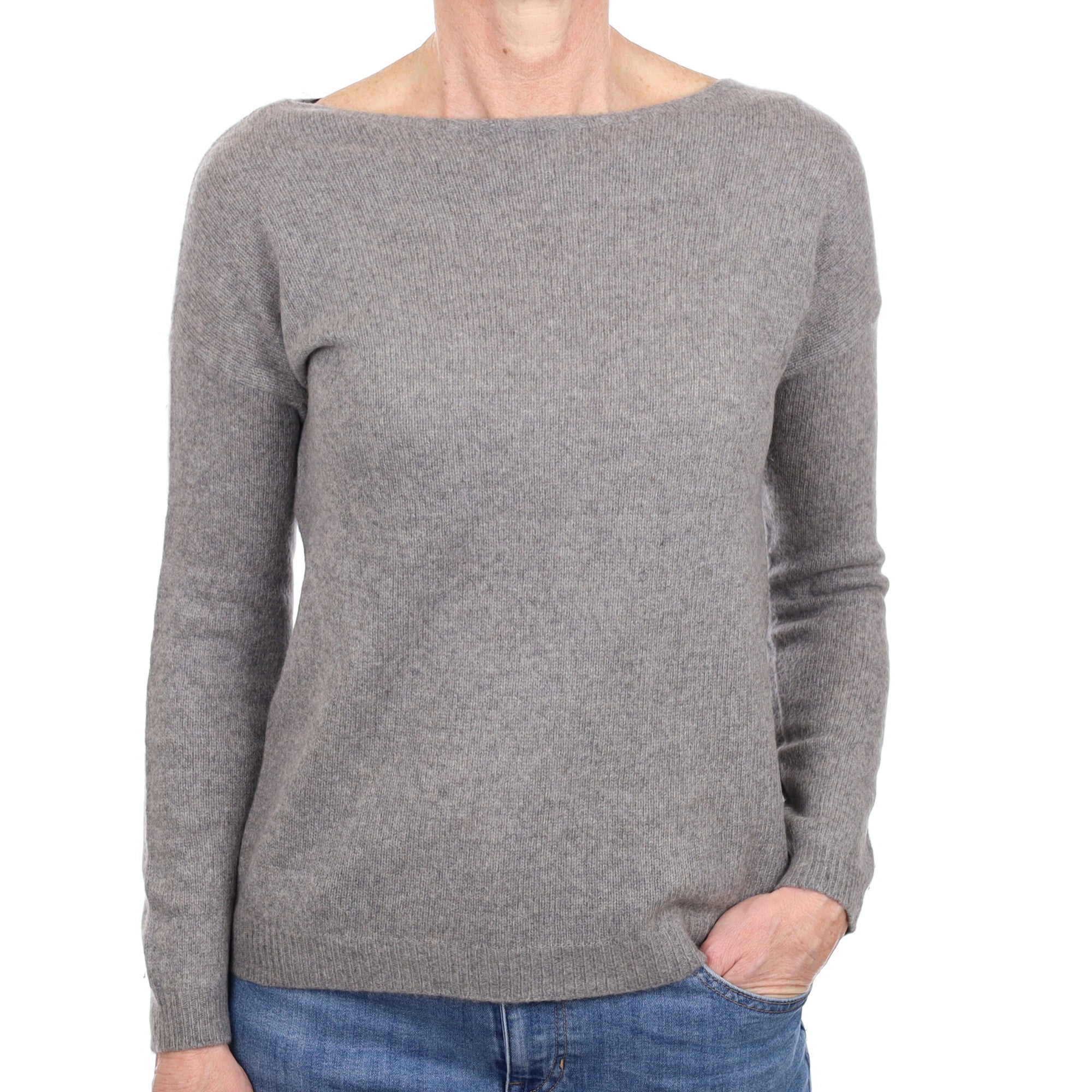 Italian Ash Grey Cashmere Slash Neck Jumper Small