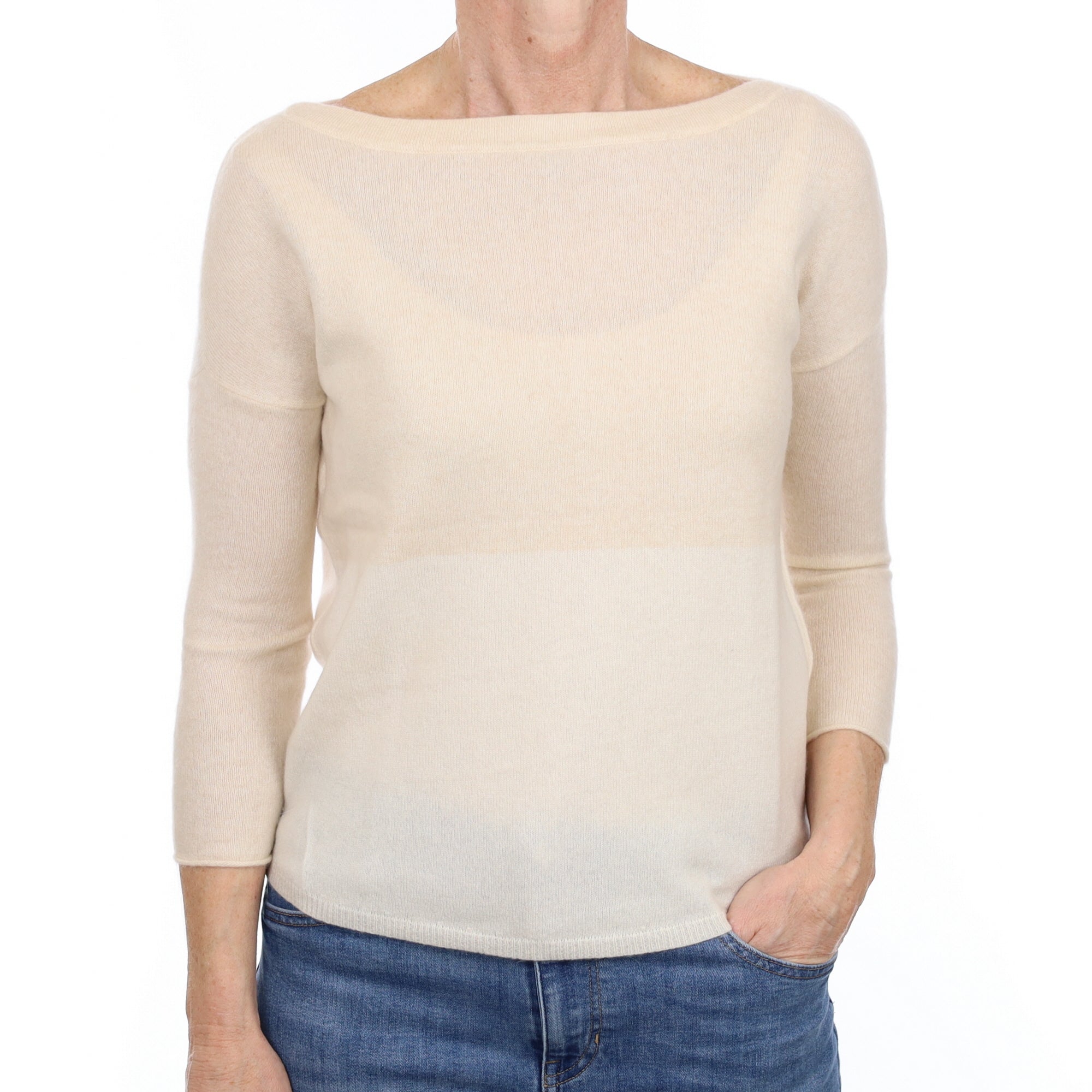 Cream and Soft Beige Cashmere Slash Neck Jumper Small