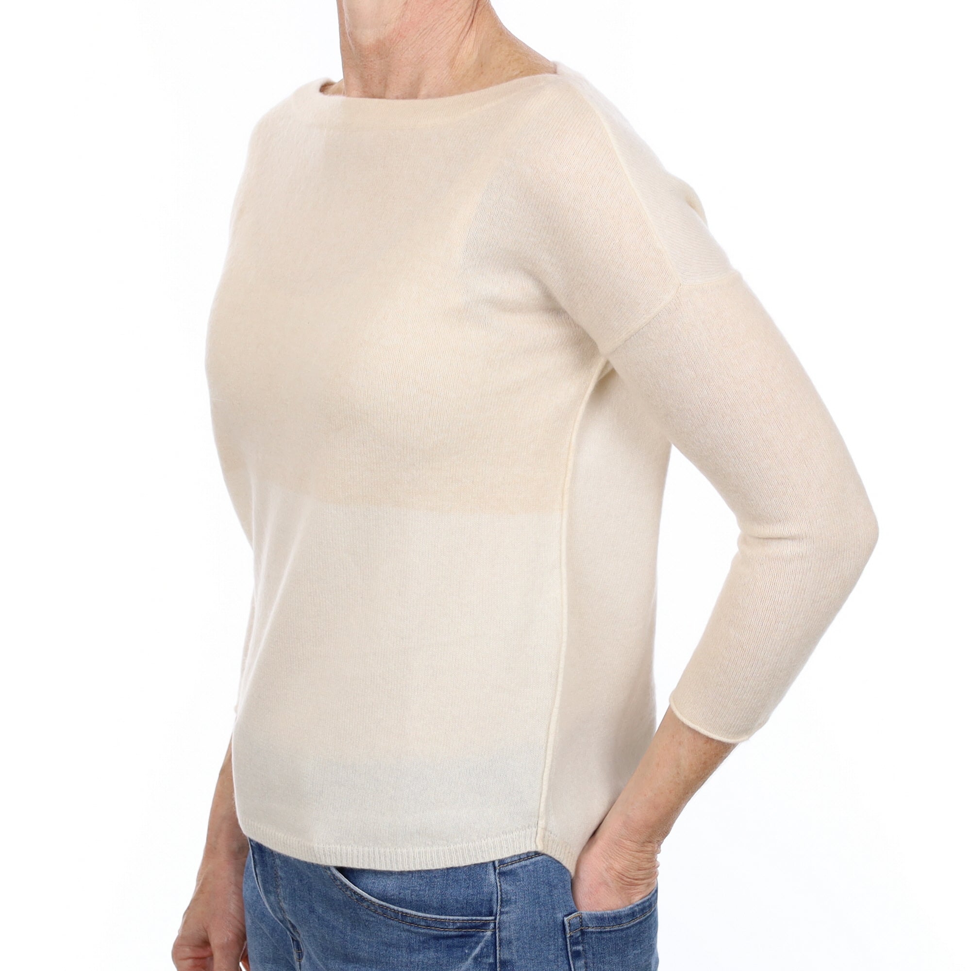 Cream and Soft Beige Cashmere Slash Neck Jumper Small