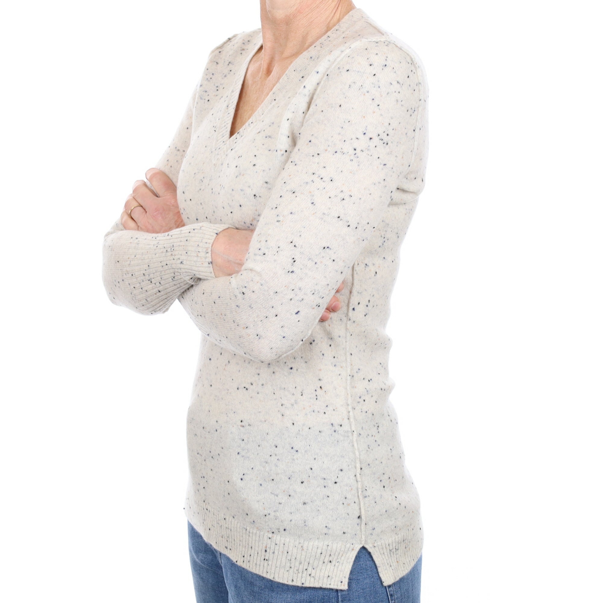 Frost Grey Flecked Cashmere V Neck Jumper Small