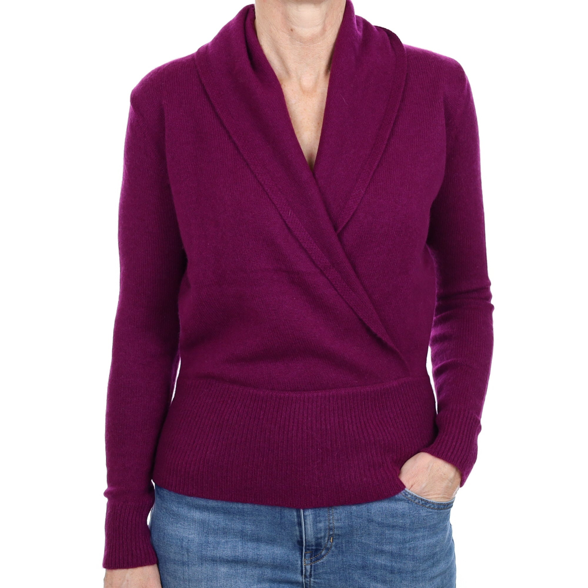 Fig Purple Cashmere Cross Over V Neck Jumper Small