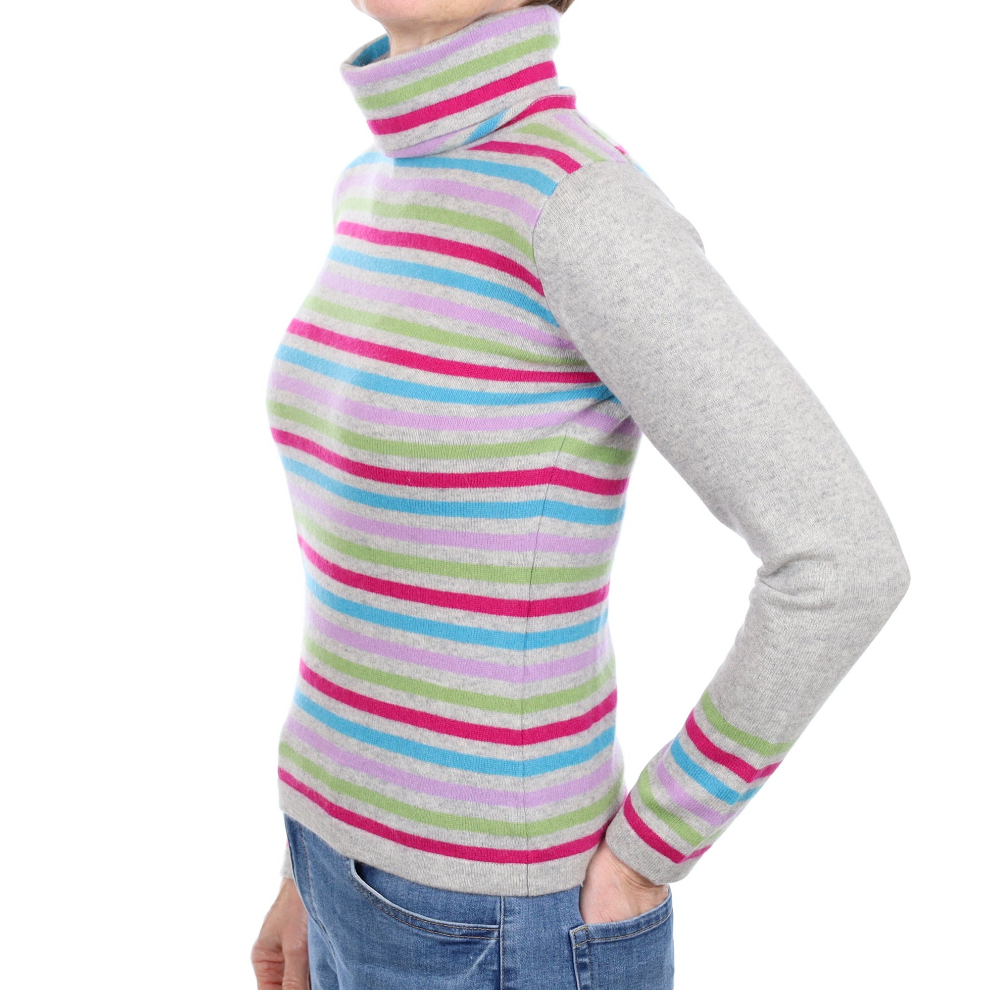 Grey Colourful Stripe Cashmere Polo Neck Jumper Small