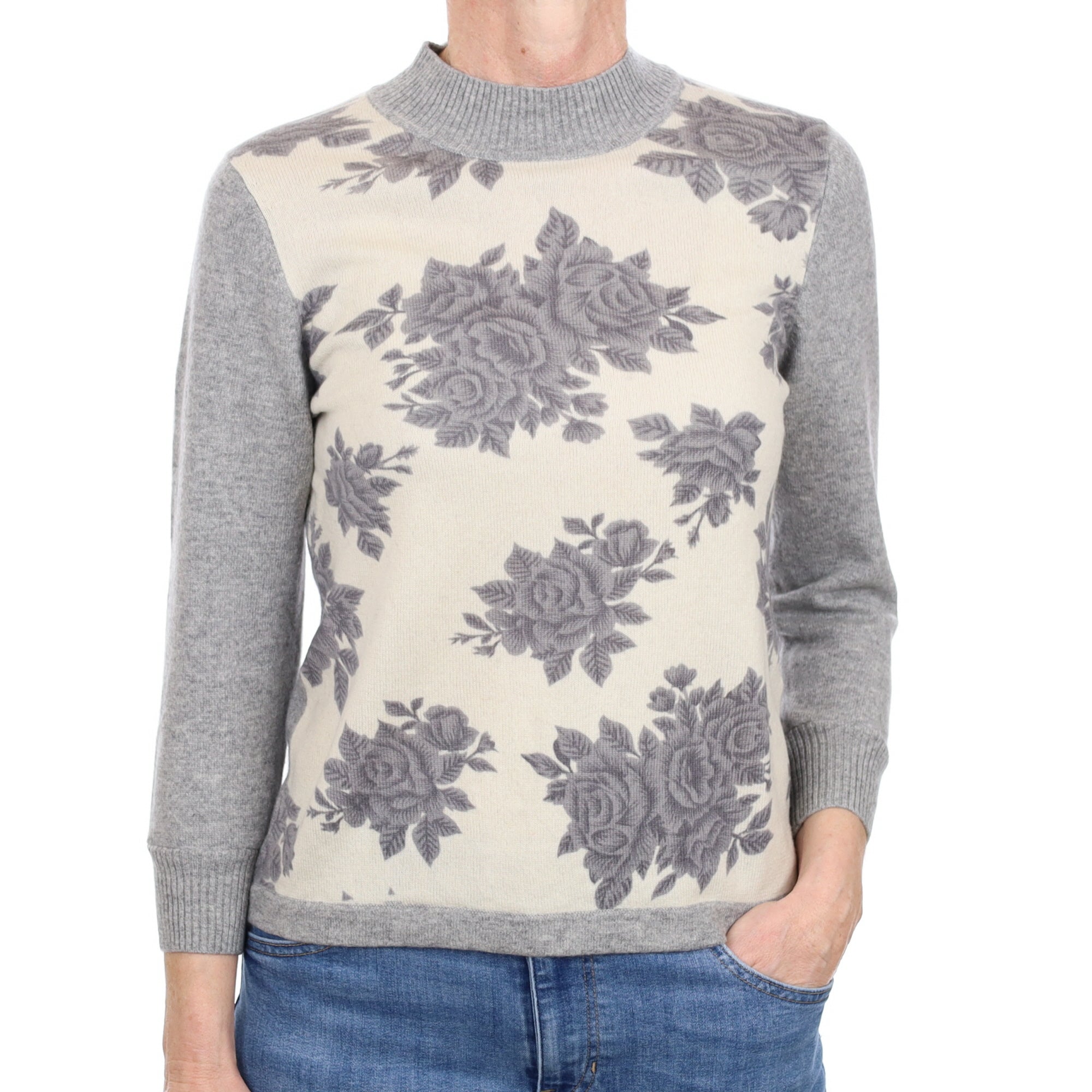 Grey Floral Cashmere Turtle Neck Jumper Small