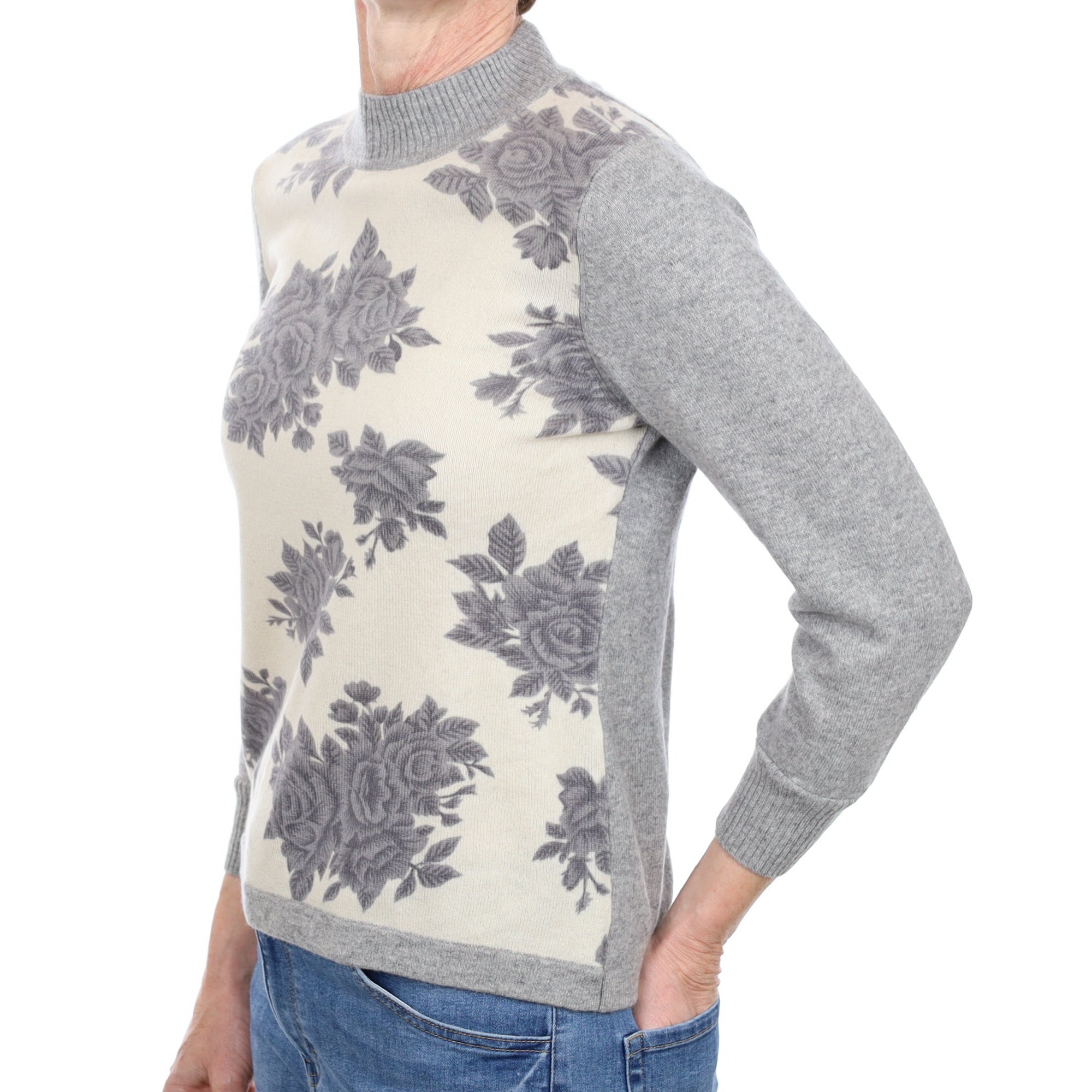 Grey Floral Cashmere Turtle Neck Jumper Small