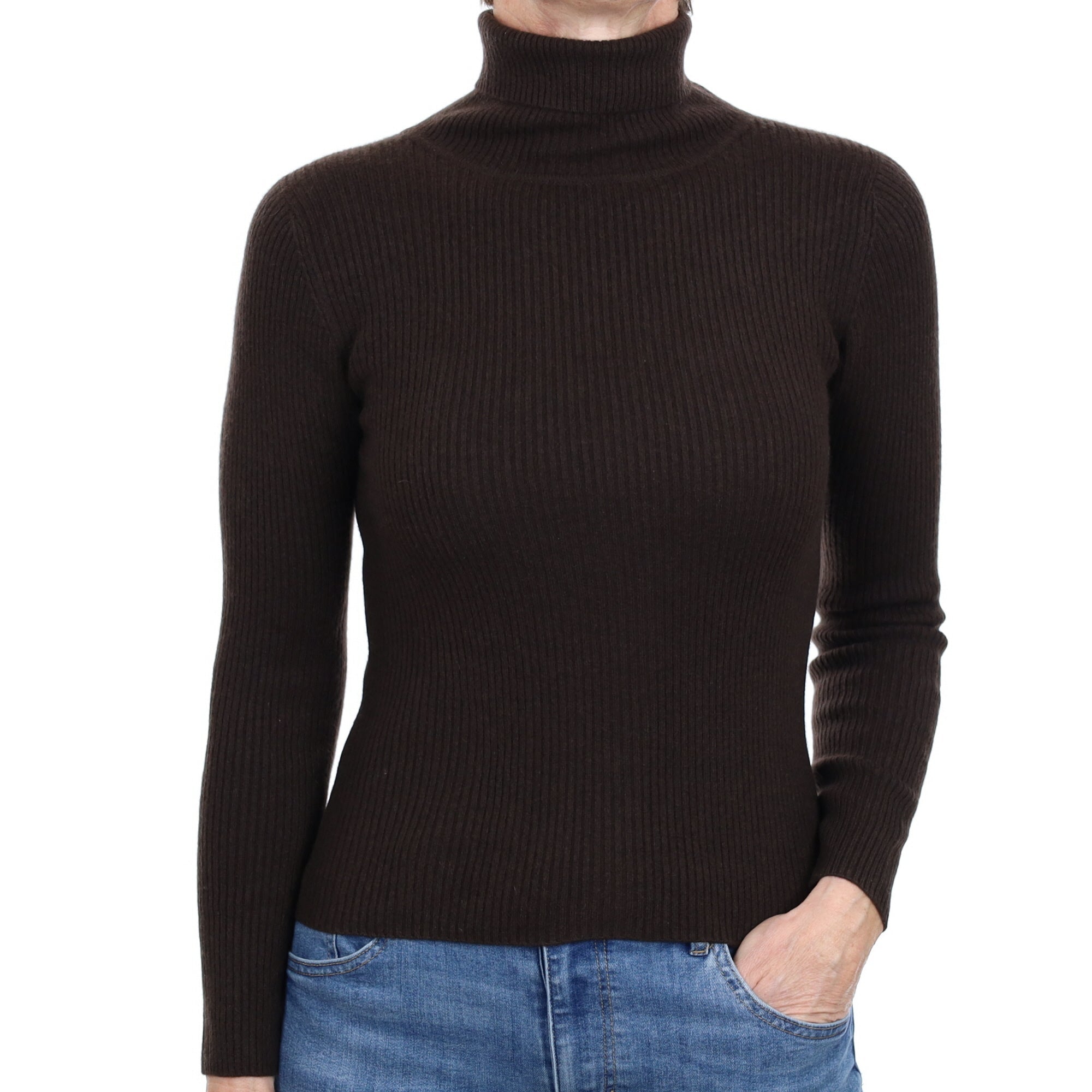 Chocolate Brown Skinny Rib Cashmere Polo Neck Jumper Small