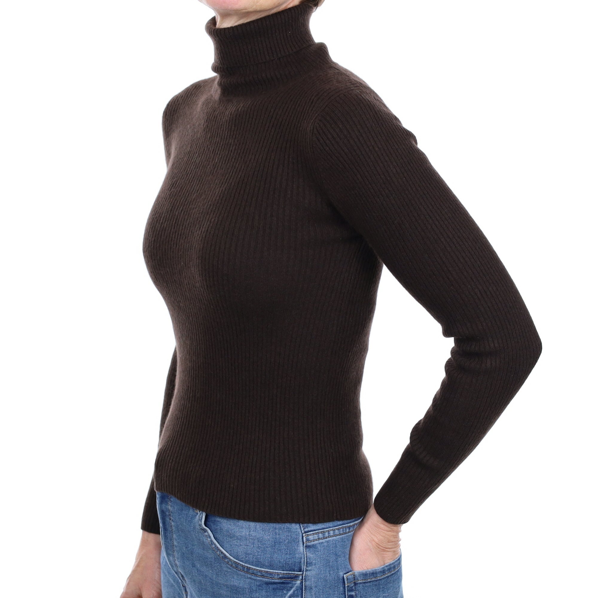 Chocolate Brown Skinny Rib Cashmere Polo Neck Jumper Small