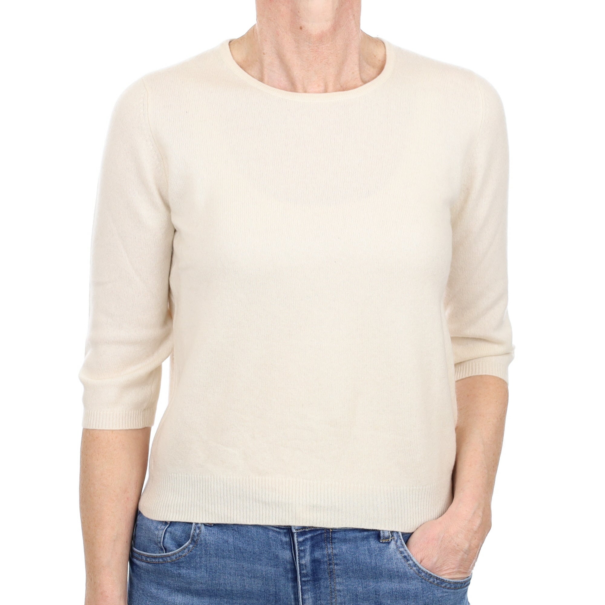Ivory Cashmere 3/4 Sleeve Crew Neck Jumper Small