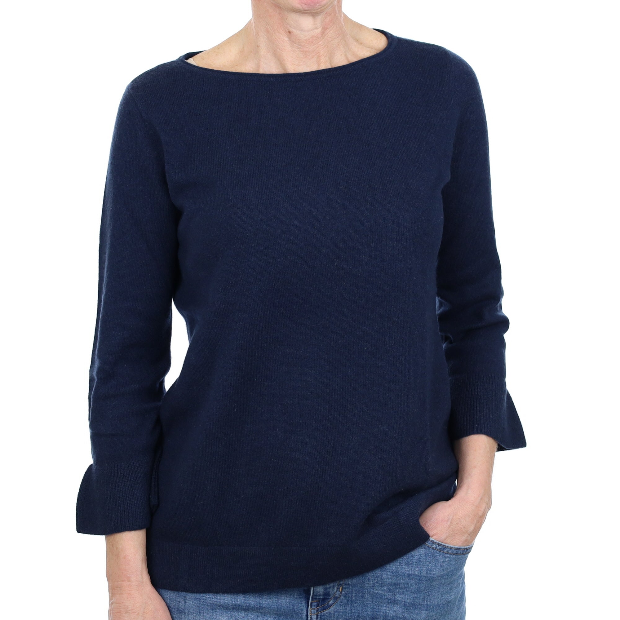 Navy Blue Cashmere Flared Sleeve Crew Neck Jumper Small