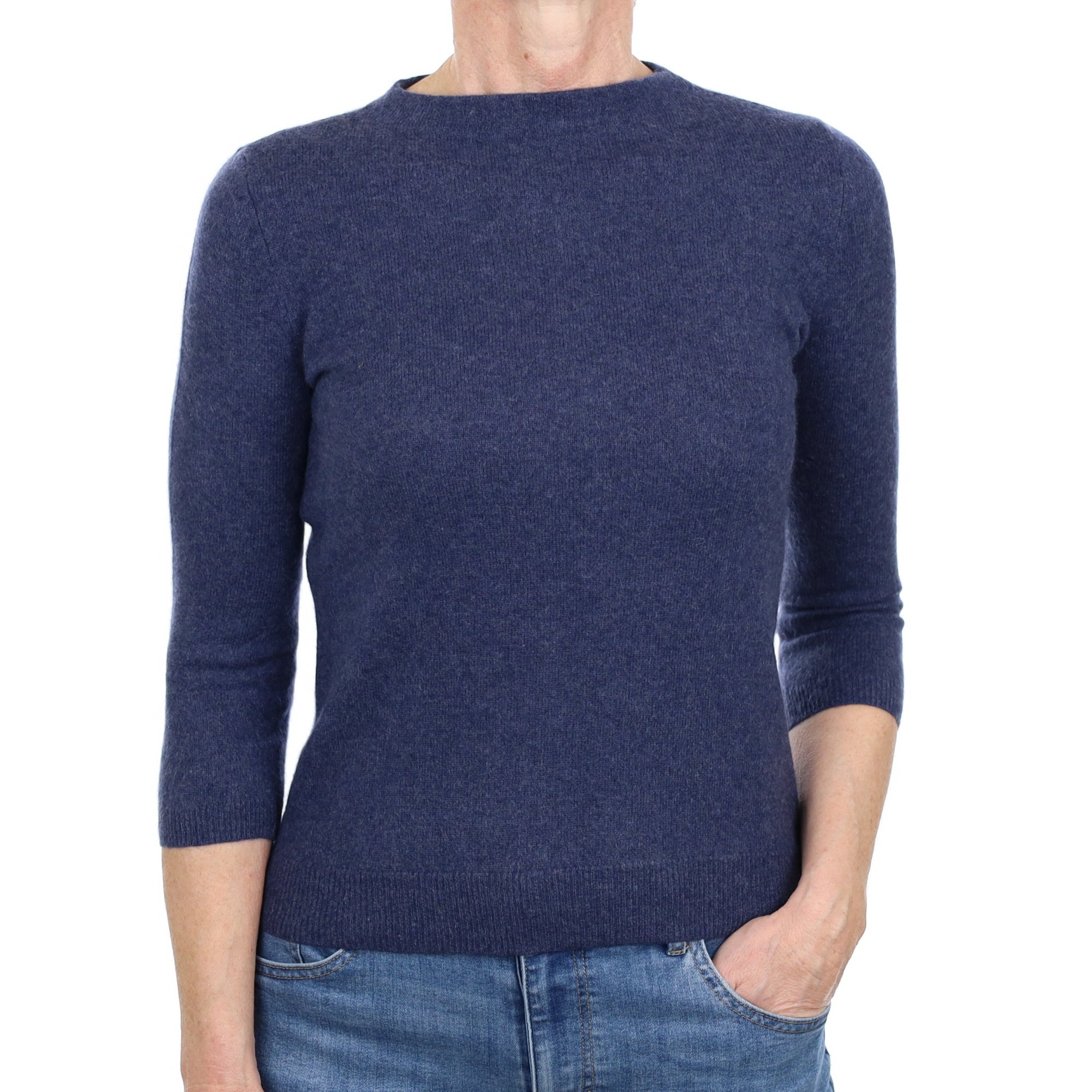 Naval Blue Cashmere 3/4 Sleeve Crew Neck Jumper Small Petite