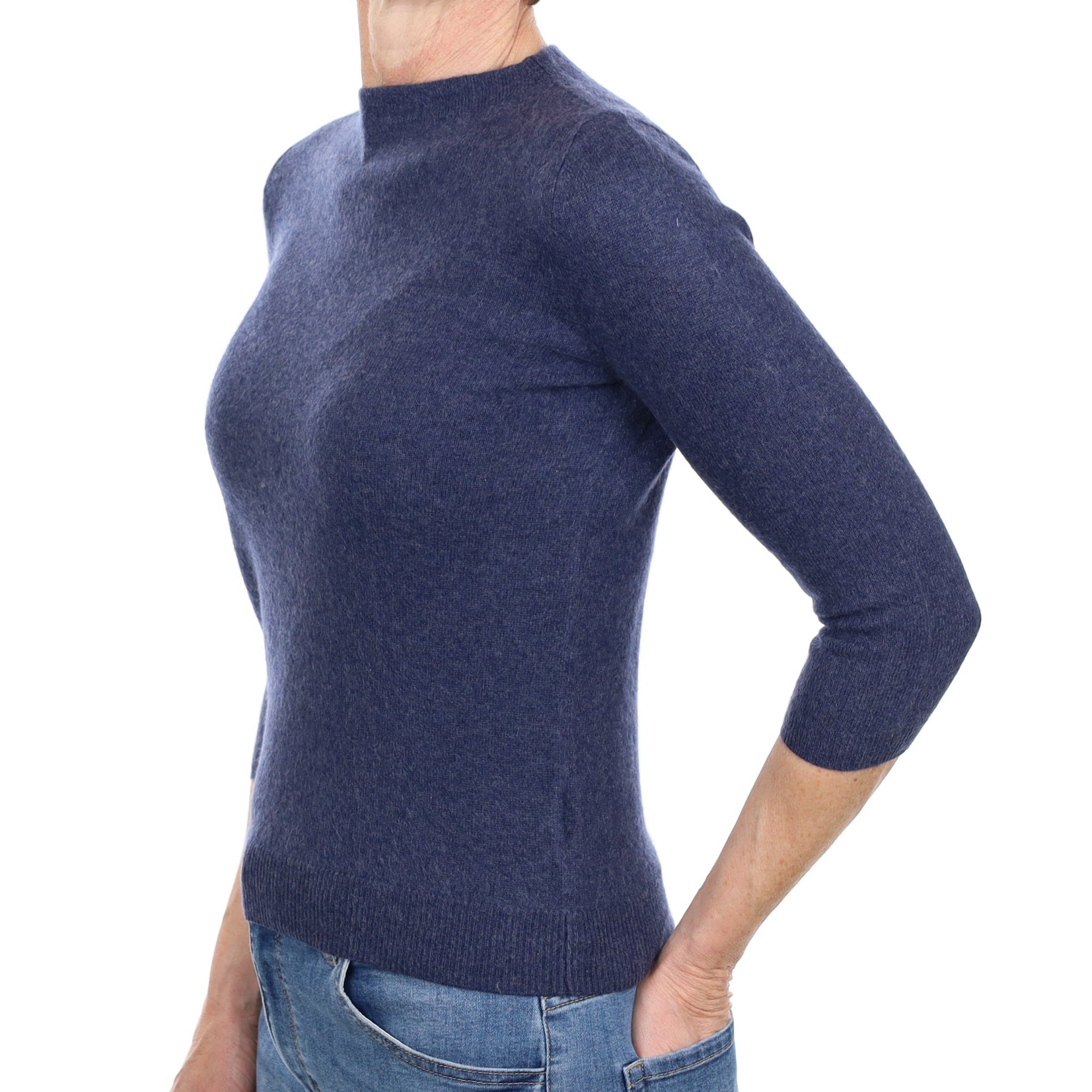 Naval Blue Cashmere 3/4 Sleeve Crew Neck Jumper Small Petite