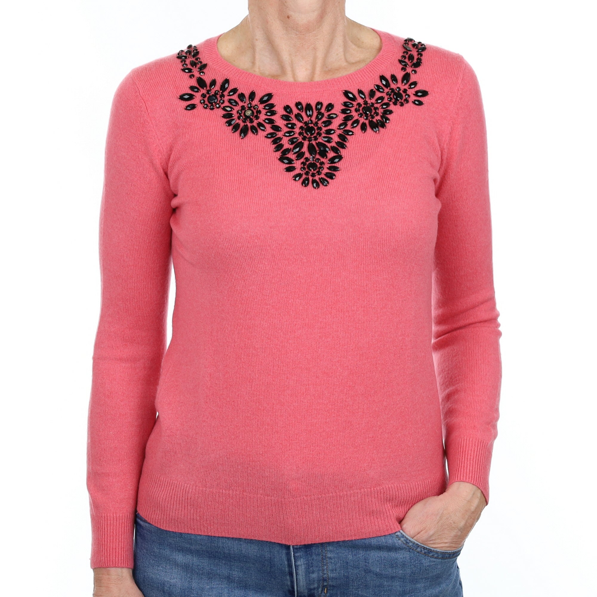 Flamingo Pink Embellished Cashmere Crew Neck Jumper Small