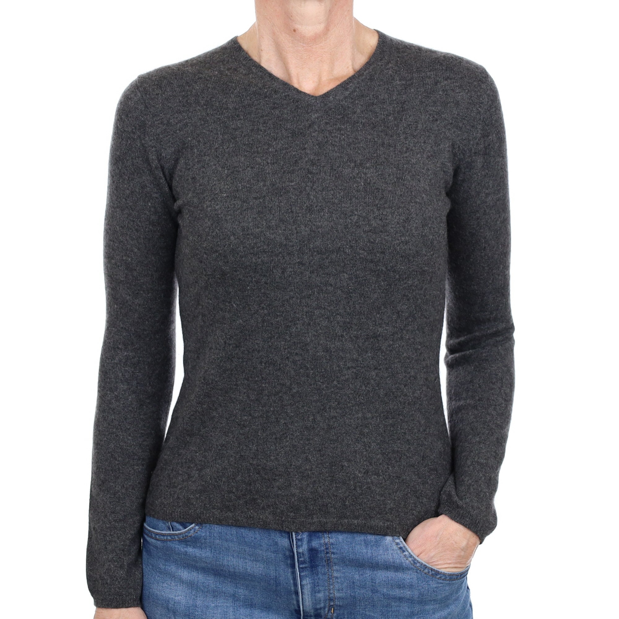 Charcoal Grey Cashmere V Neck Jumper Small
