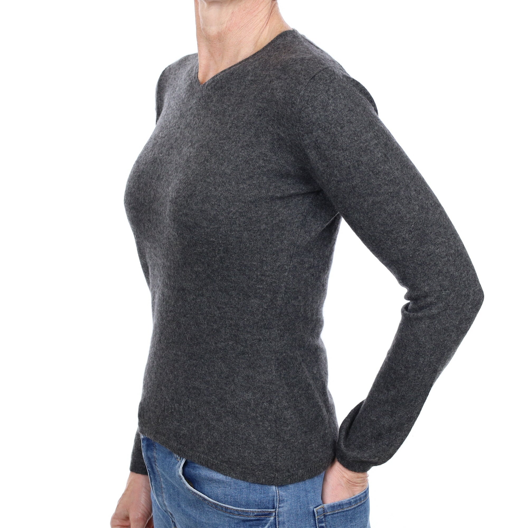 Charcoal Grey Cashmere V Neck Jumper Small