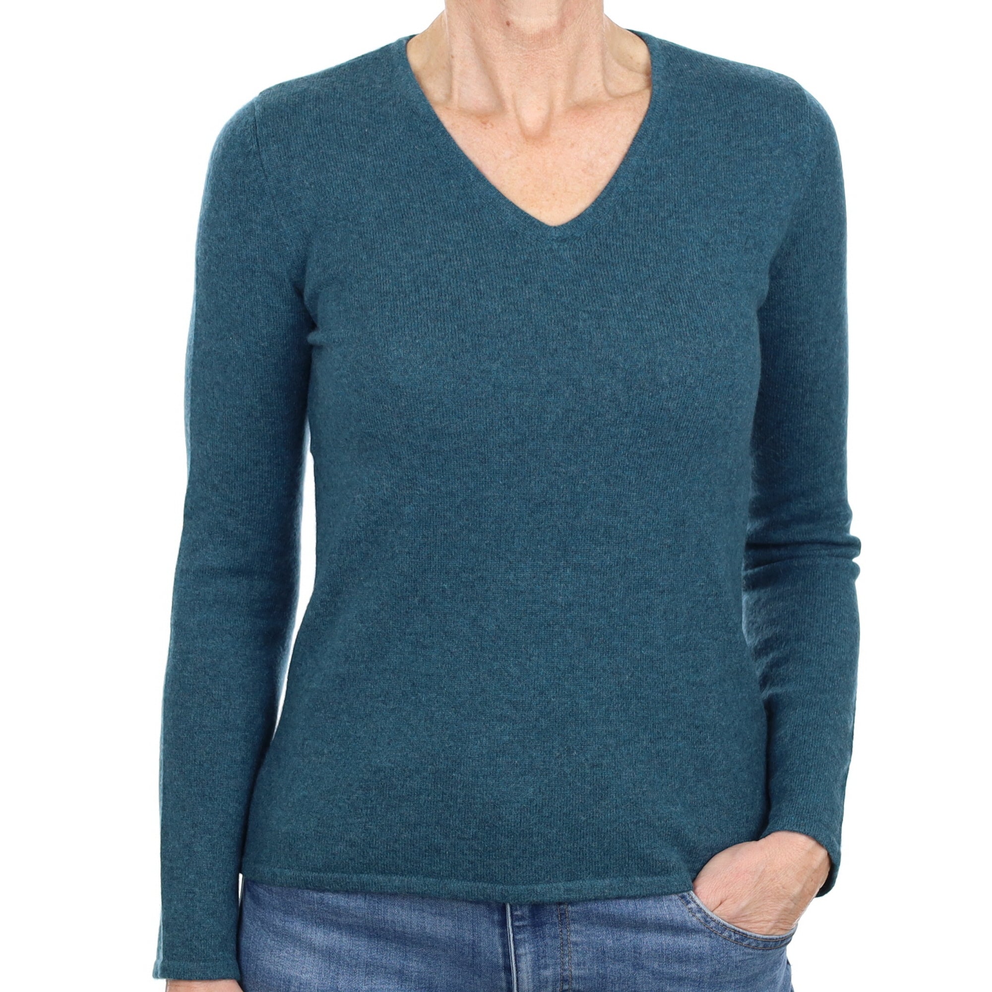 Petrol Blue Cashmere V Neck Jumper Small