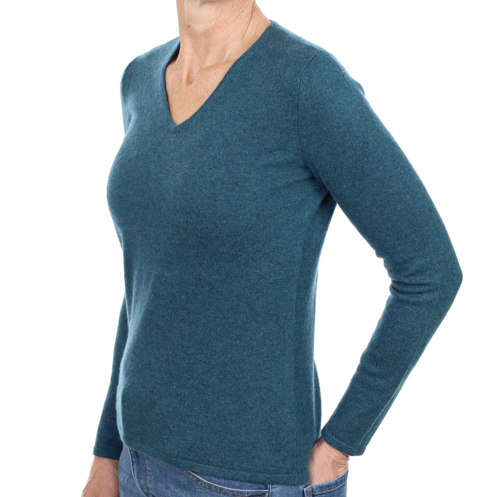 Petrol Blue Cashmere V Neck Jumper Small