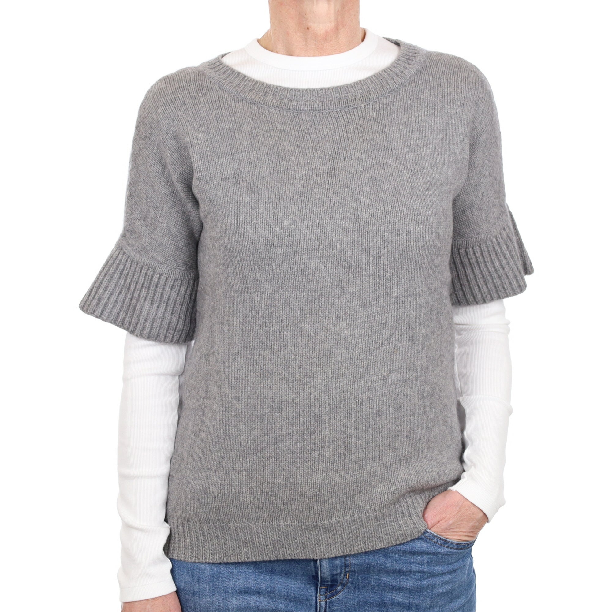 Ash Grey Cashmere Flared Sleeve Crew Neck Jumper Small
