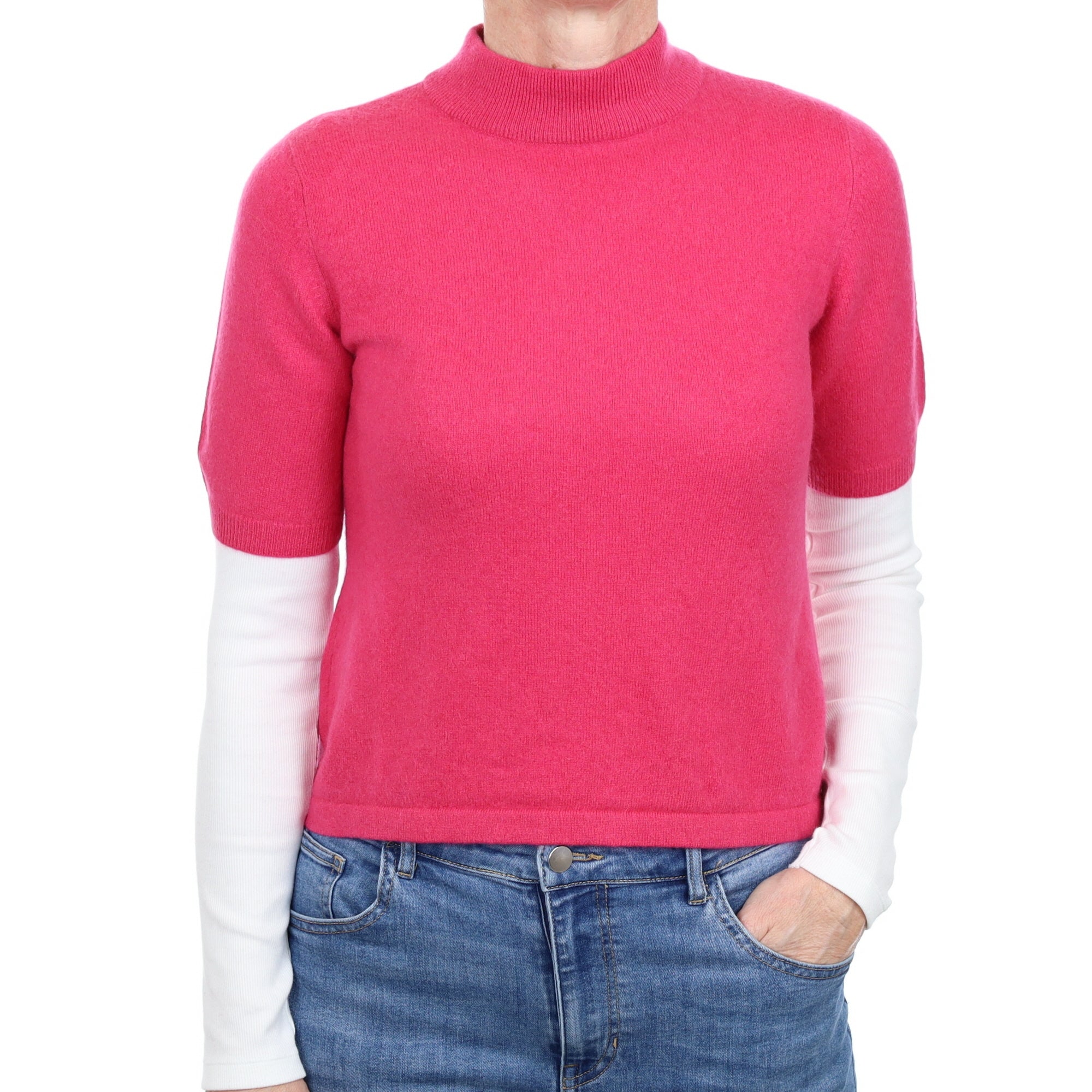 Fuchsia Pink Cashmere Short Sleeve Turtle Neck Jumper Small