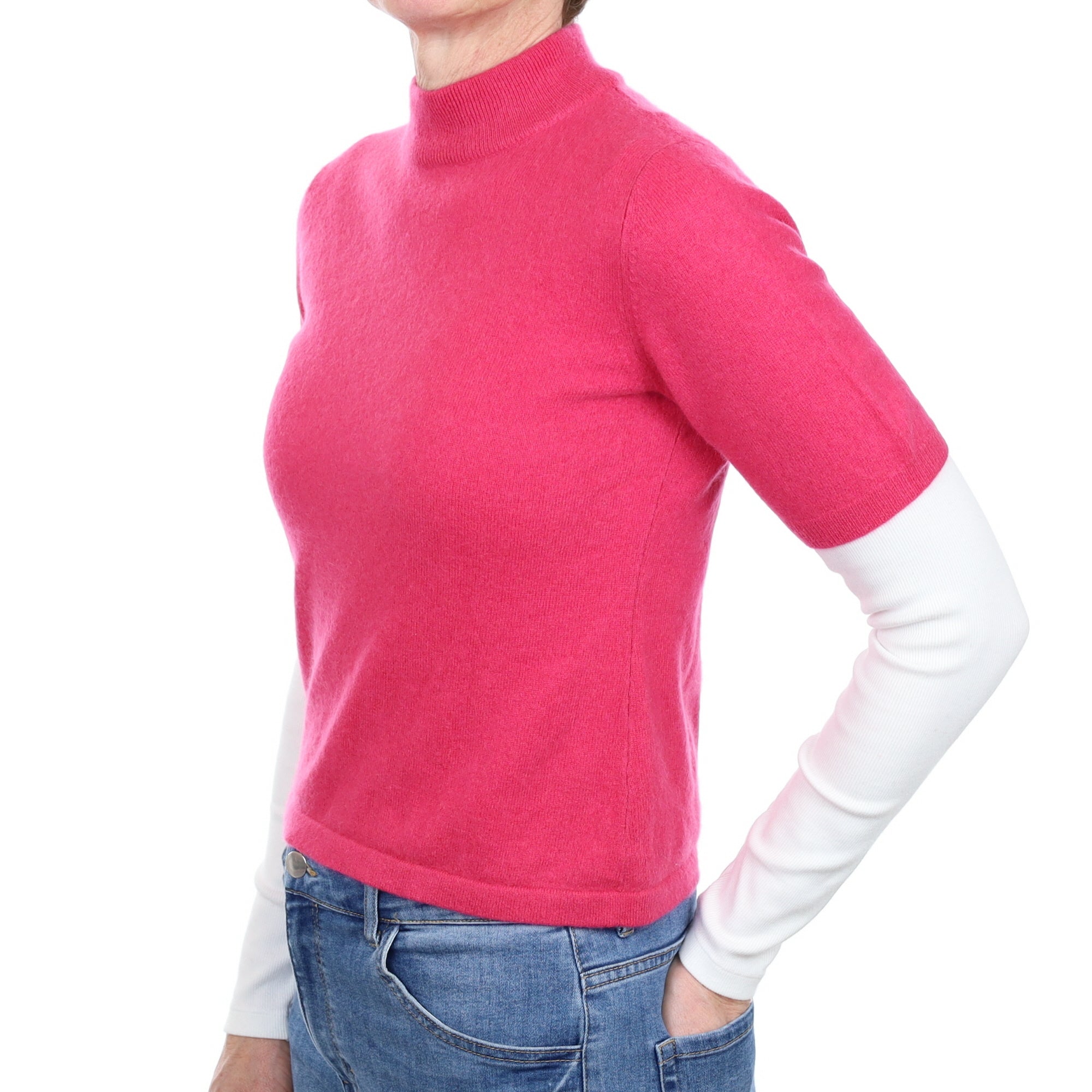 Fuchsia Pink Cashmere Short Sleeve Turtle Neck Jumper Small