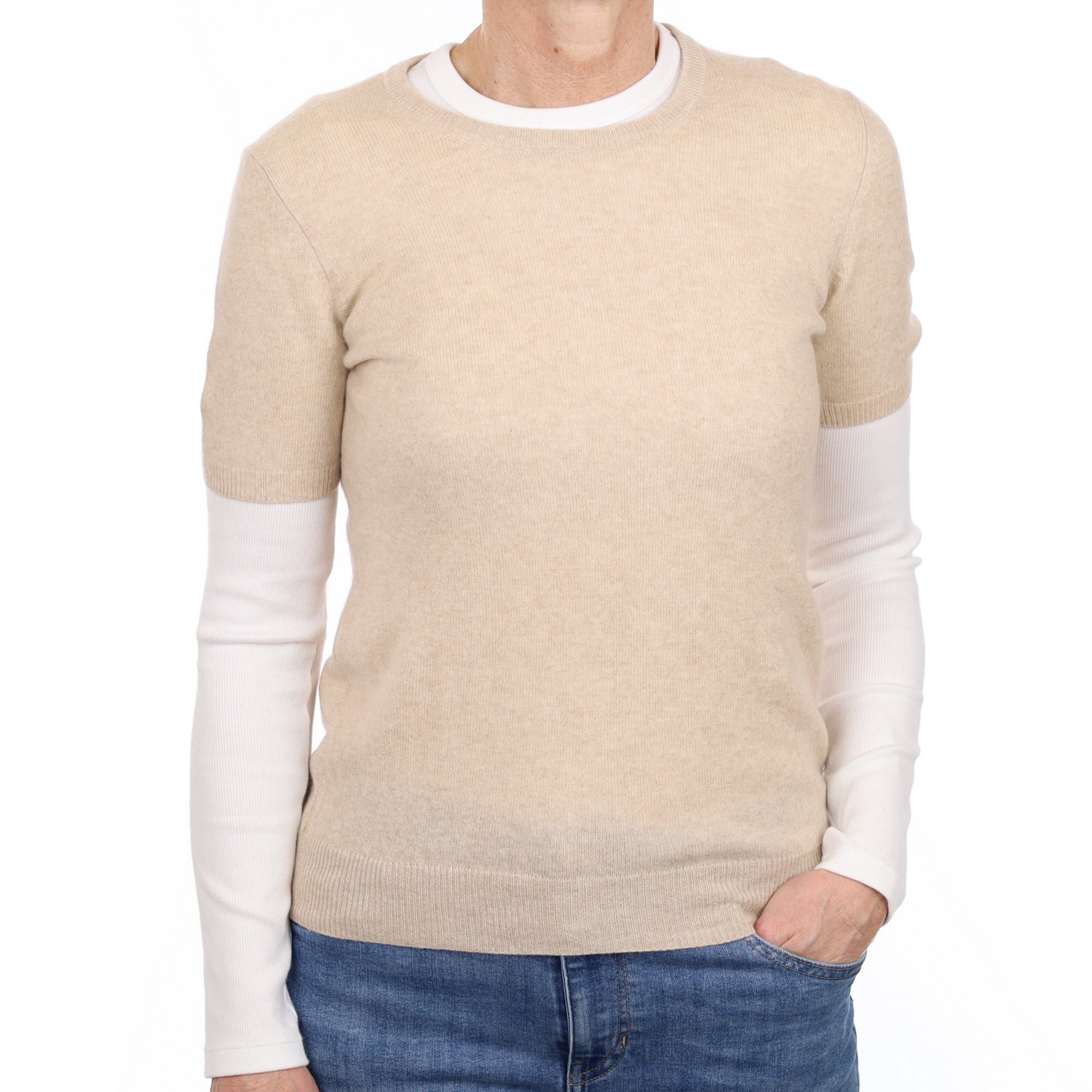 Oatmeal Cashmere Short Sleeve Crew Neck Jumper Small