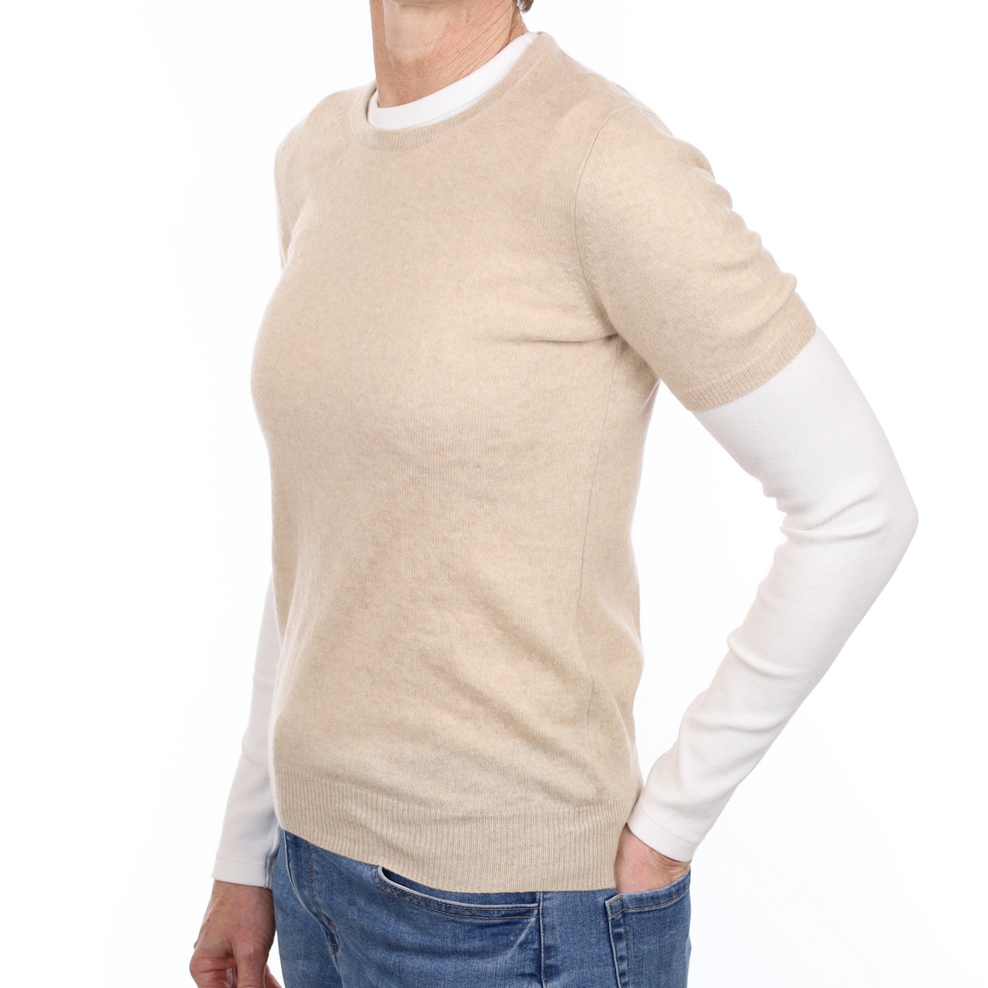 Oatmeal Cashmere Short Sleeve Crew Neck Jumper Small