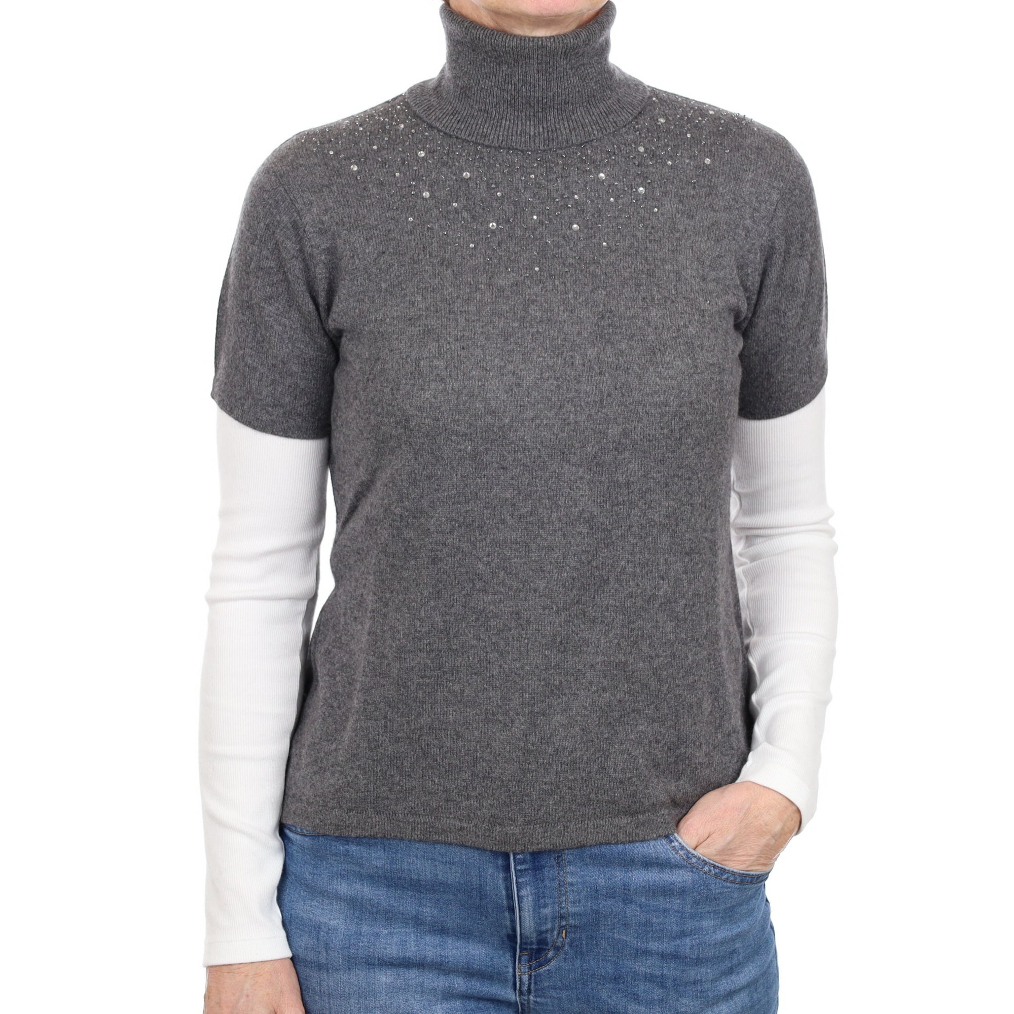 Slate Grey Embellished Cashmere Short Sleeve Polo Neck Jumper Small