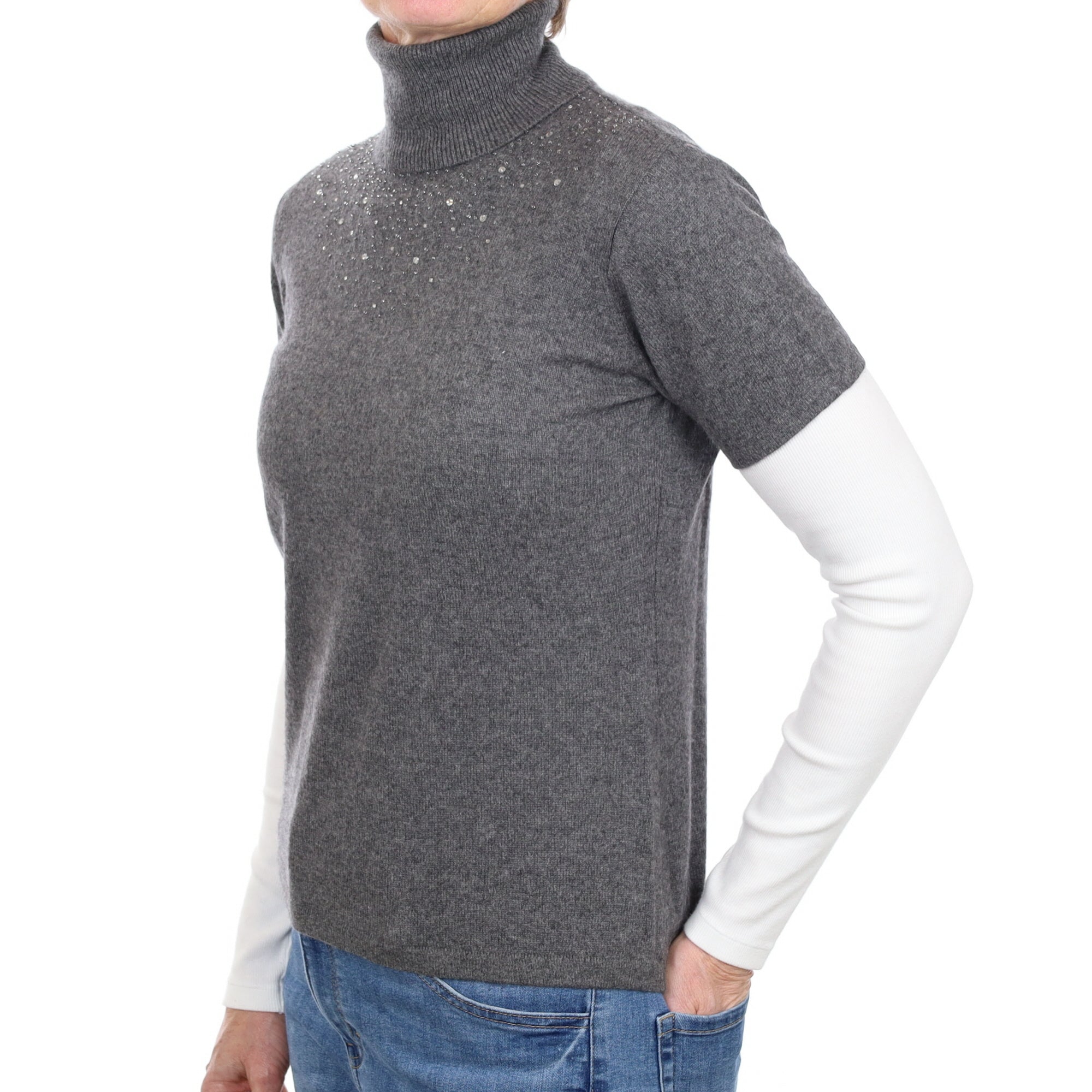 Slate Grey Embellished Cashmere Short Sleeve Polo Neck Jumper Small