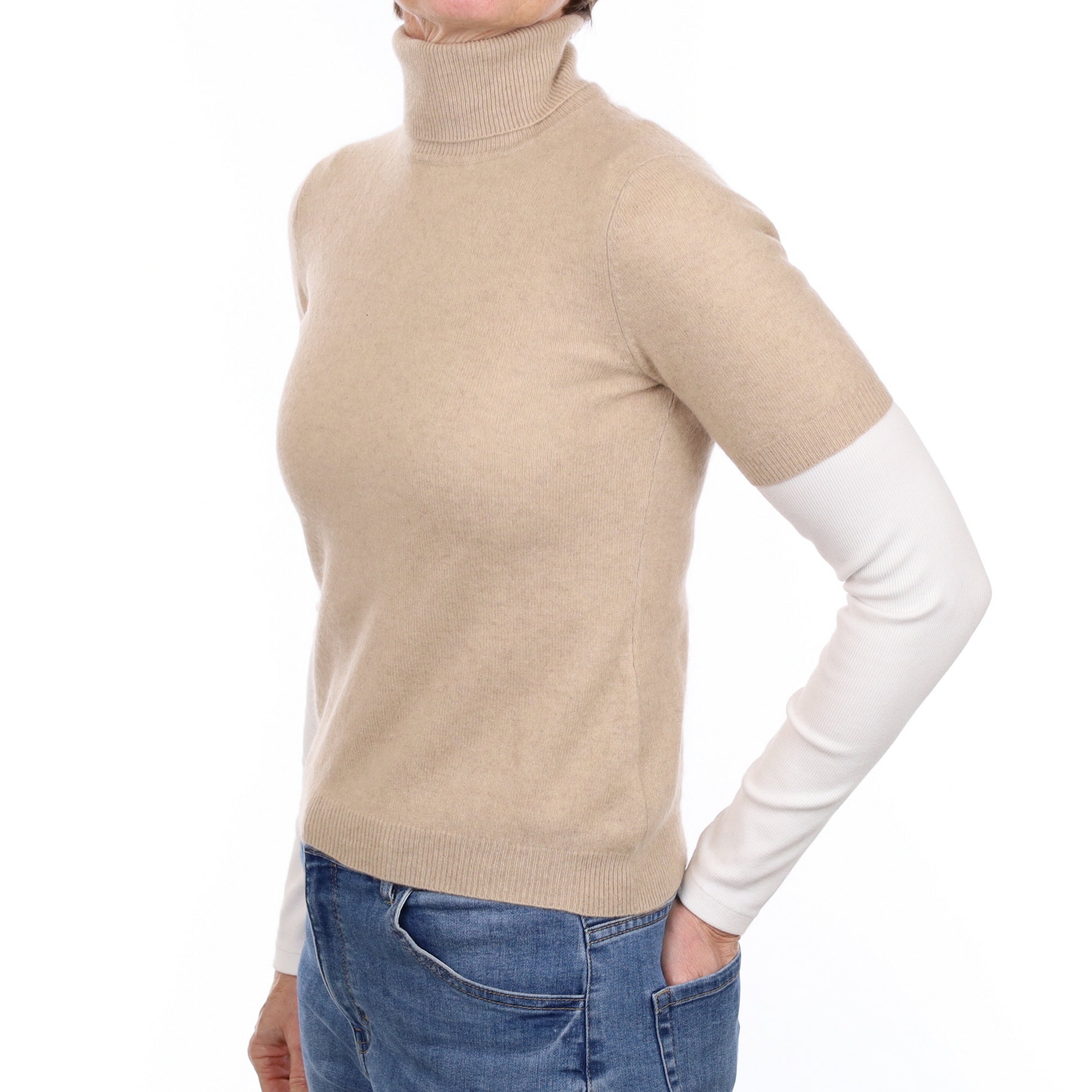Fawn Cashmere Short Sleeve Polo Neck Jumper Small