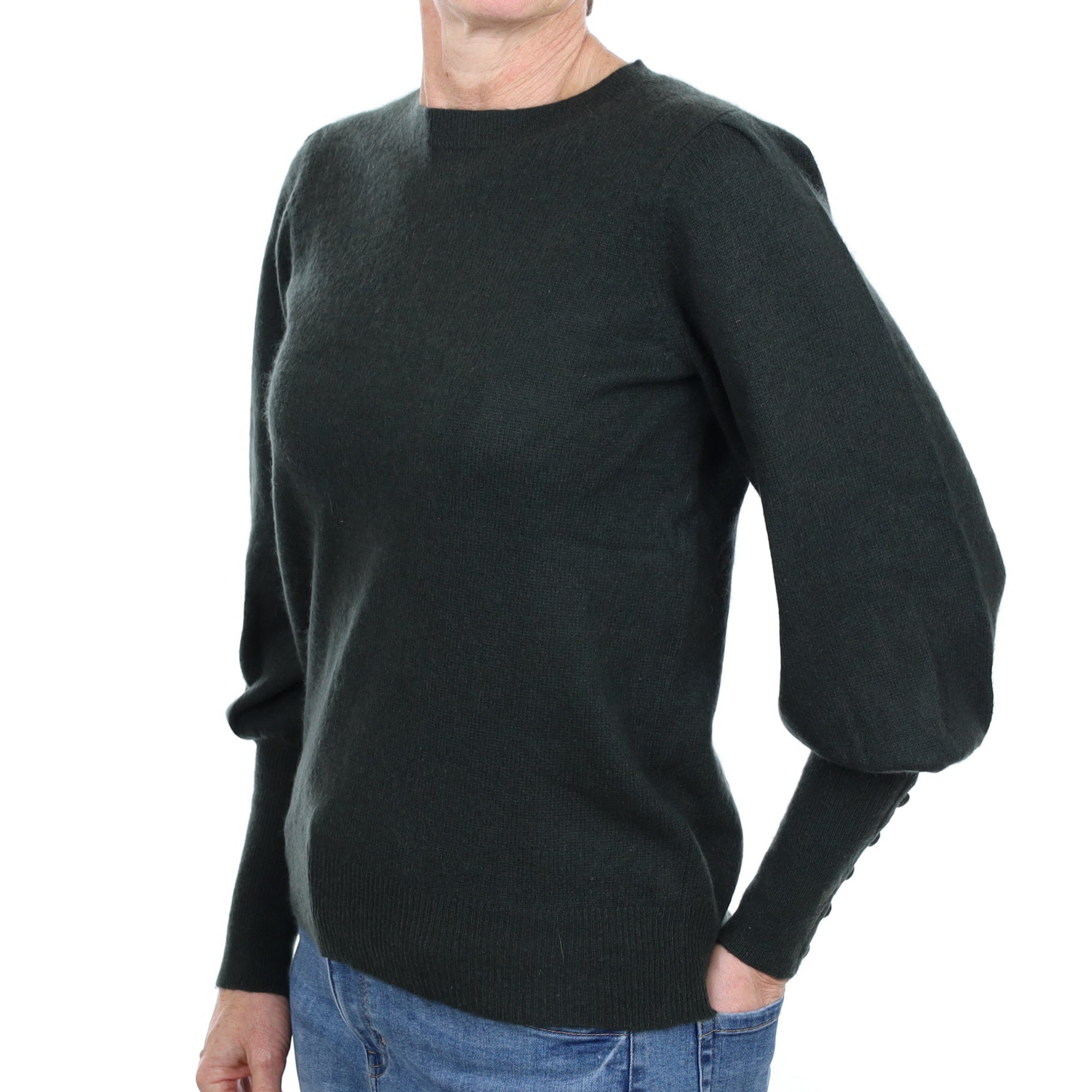 Darkest Khaki Cashmere Blouse Sleeve Crew Neck Jumper Small