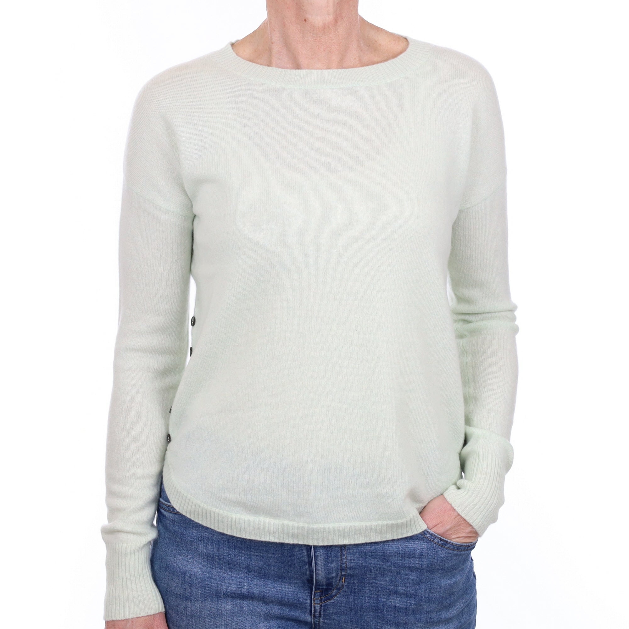 Repeat Pale Green Cashmere Button Side Crew Neck Jumper Small