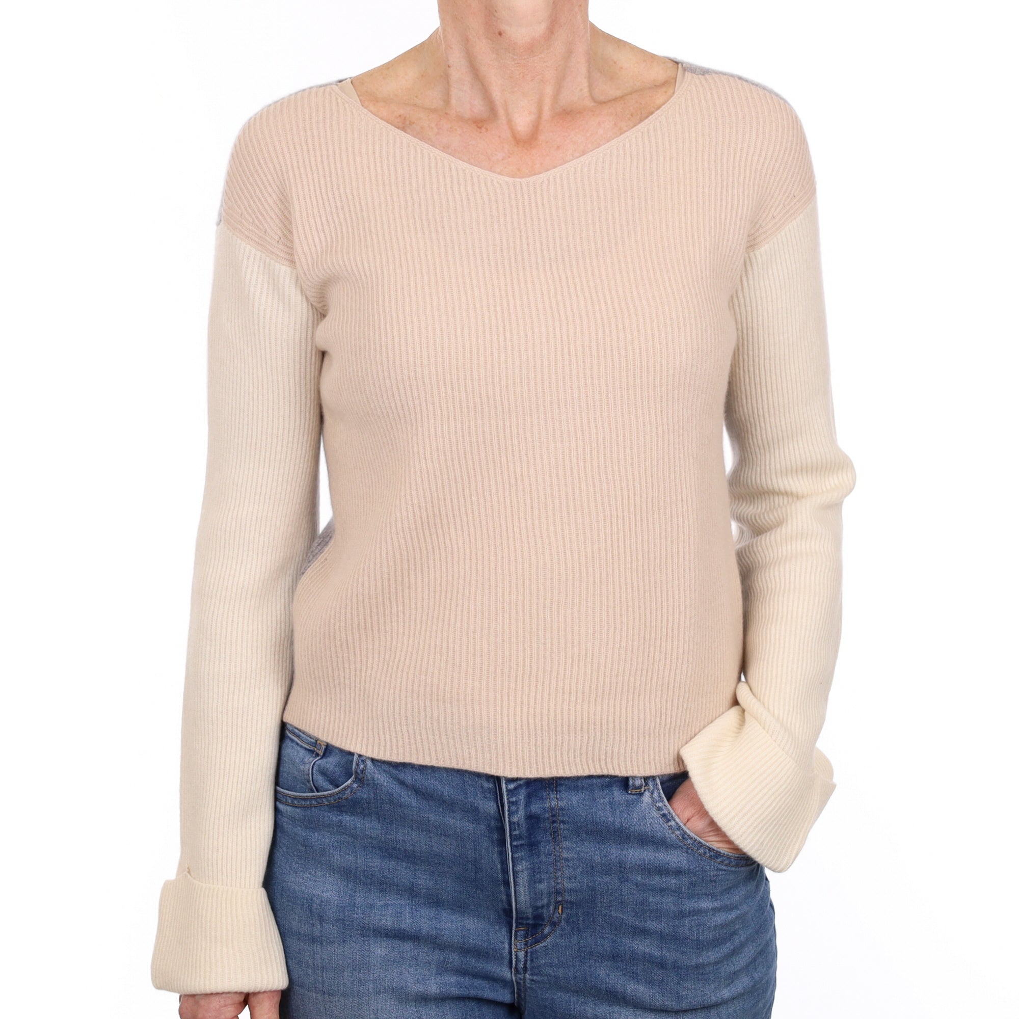 Vince Grey and Buff Cashmere V Neck Jumper Small