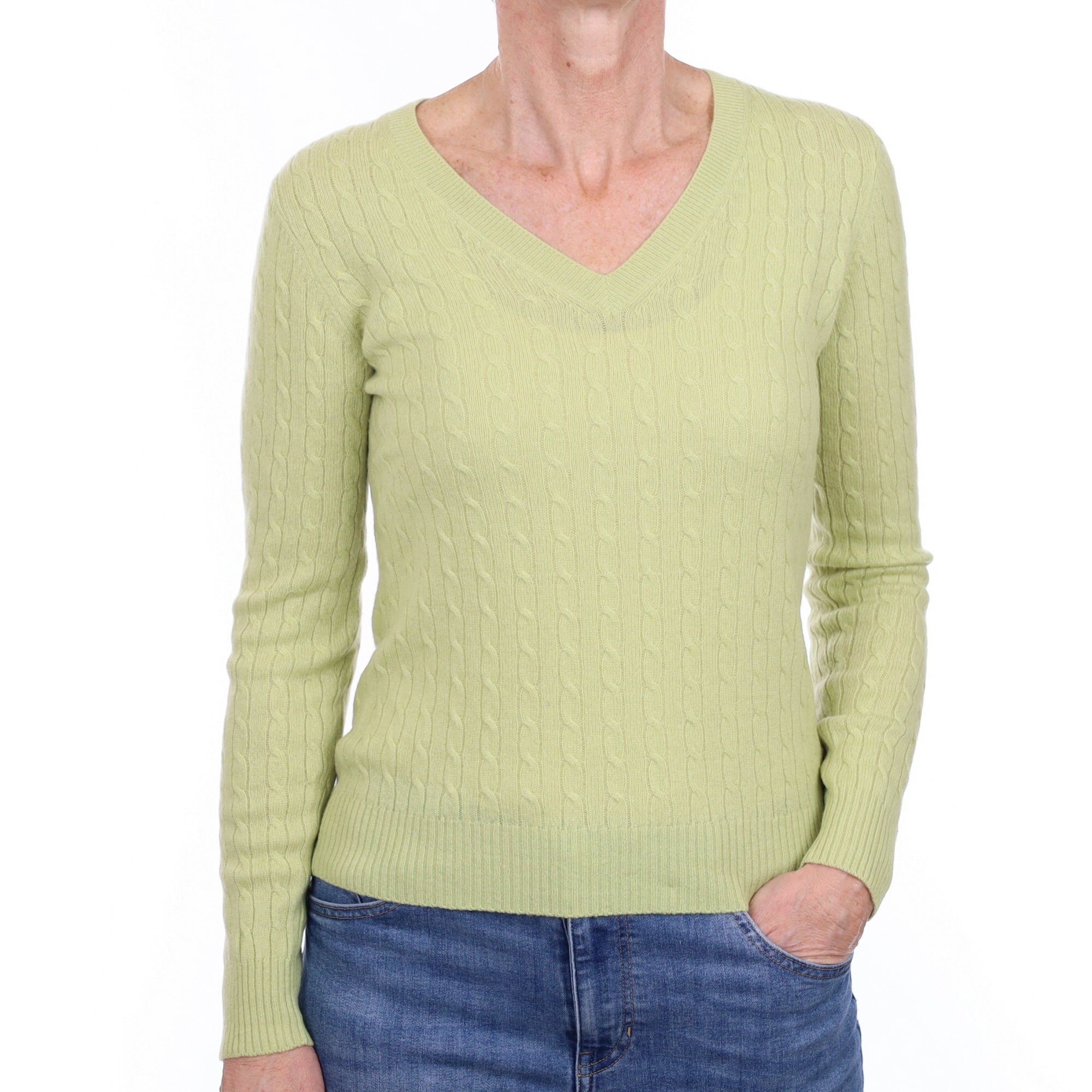 Pistachio Green Cashmere Cable V Neck Jumper Small
