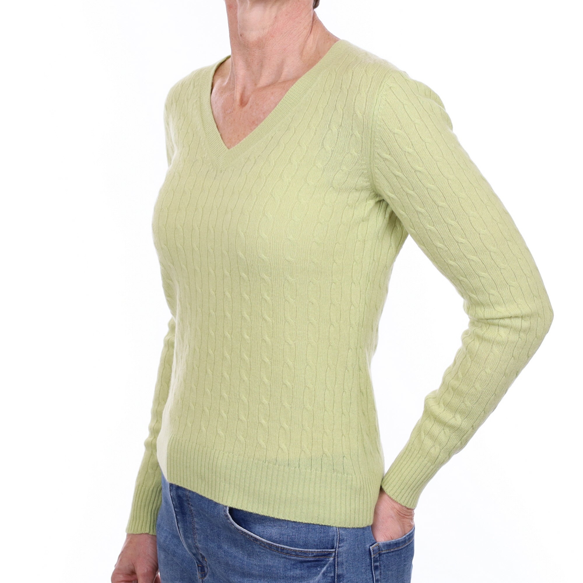 Pistachio Green Cashmere Cable V Neck Jumper Small