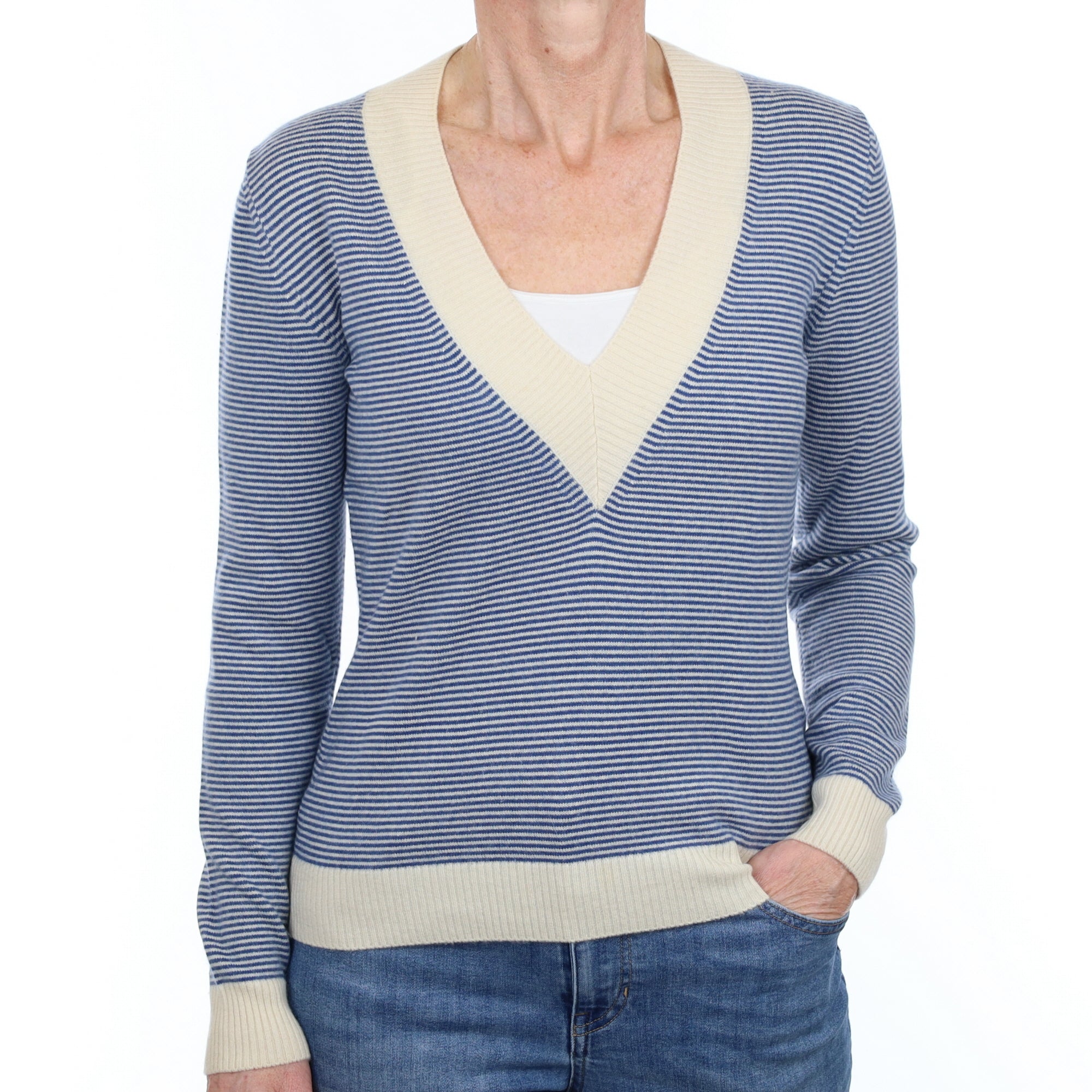 Italian Blue and Cream Stripe Cashmere V Neck Jumper Small