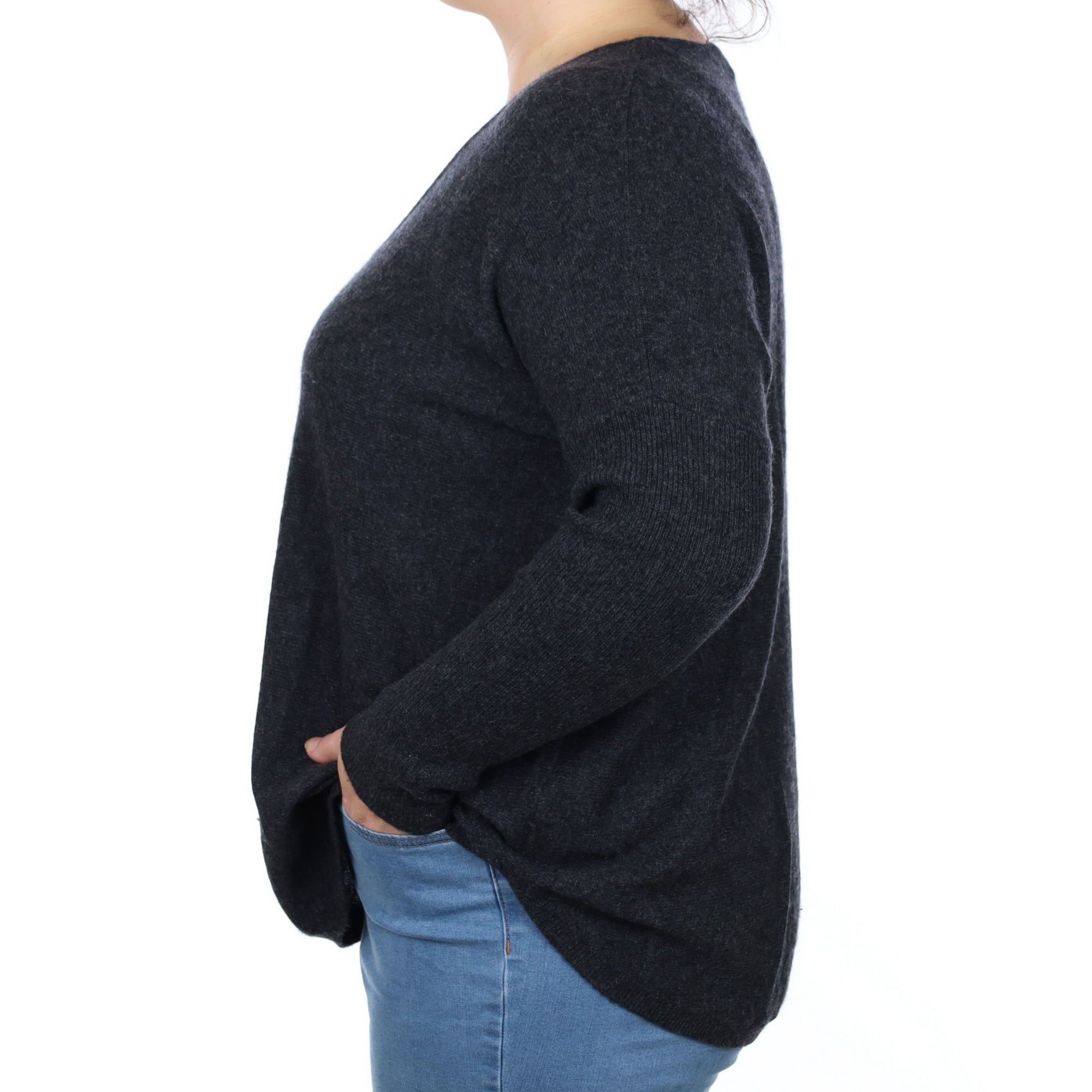 Charcoal Grey Cashmere Slouchy Batwing V Neck Jumper Large