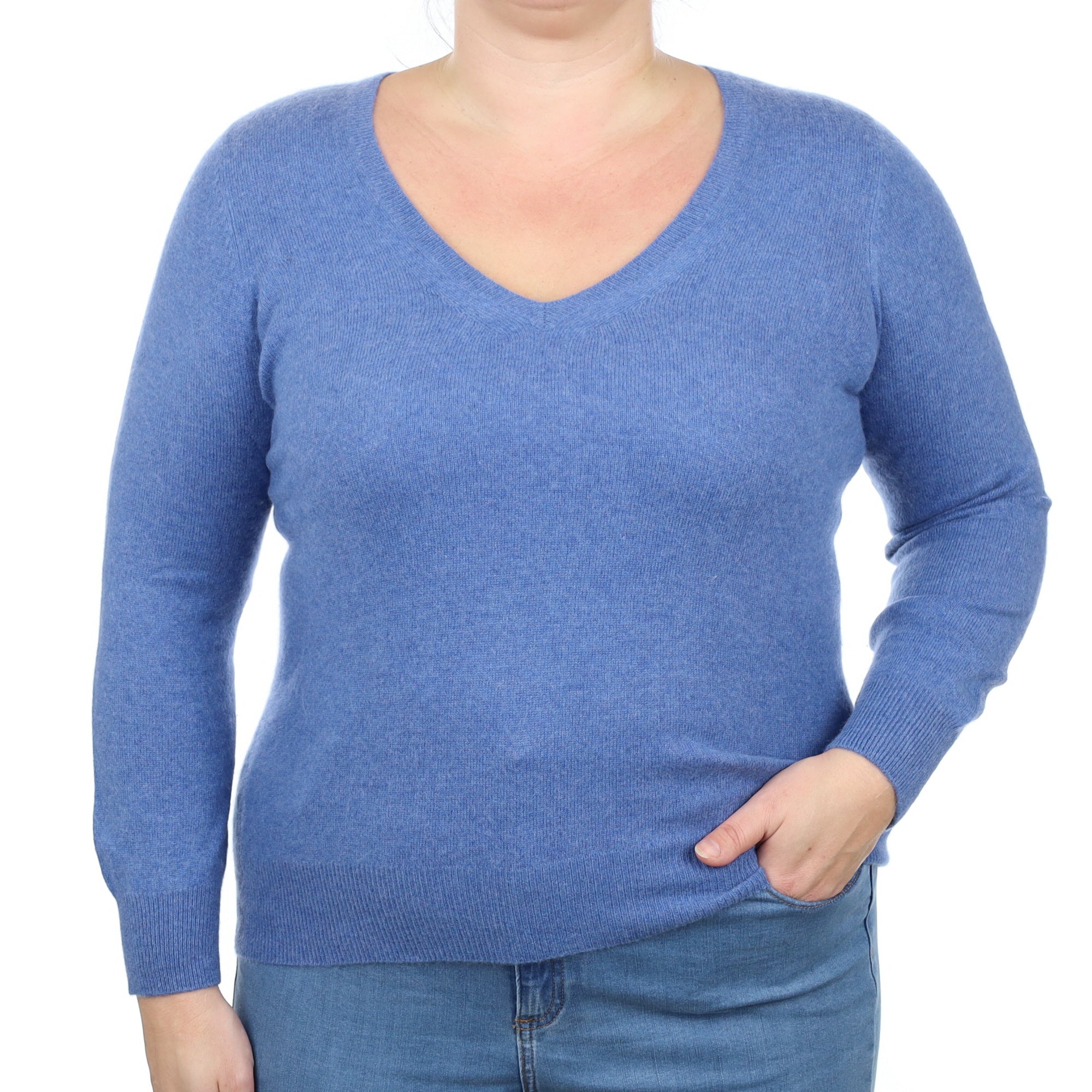 Denim Blue Cashmere V Neck Jumper Large