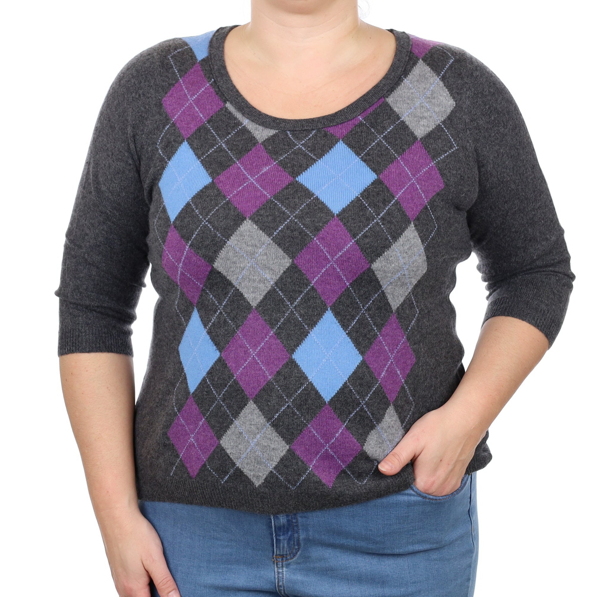 Grey Purple Diamond Cashmere 3/4 Sleeve Crew Neck Jumper Large