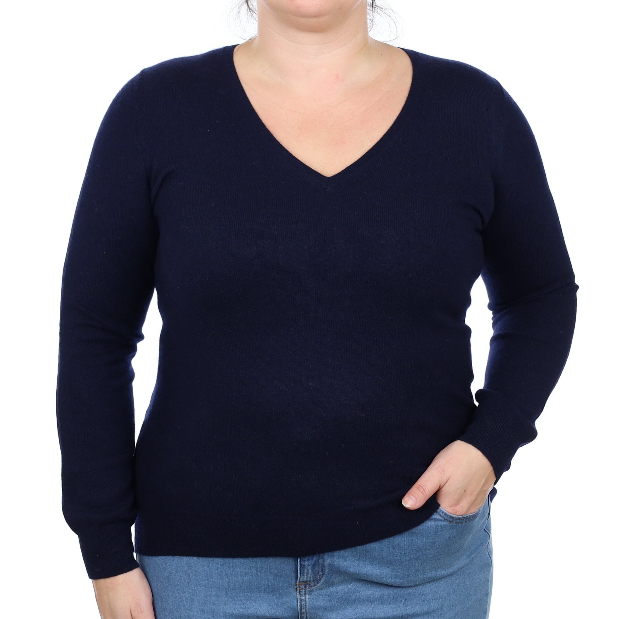Navy Blue Cashmere V Neck Jumper Large
